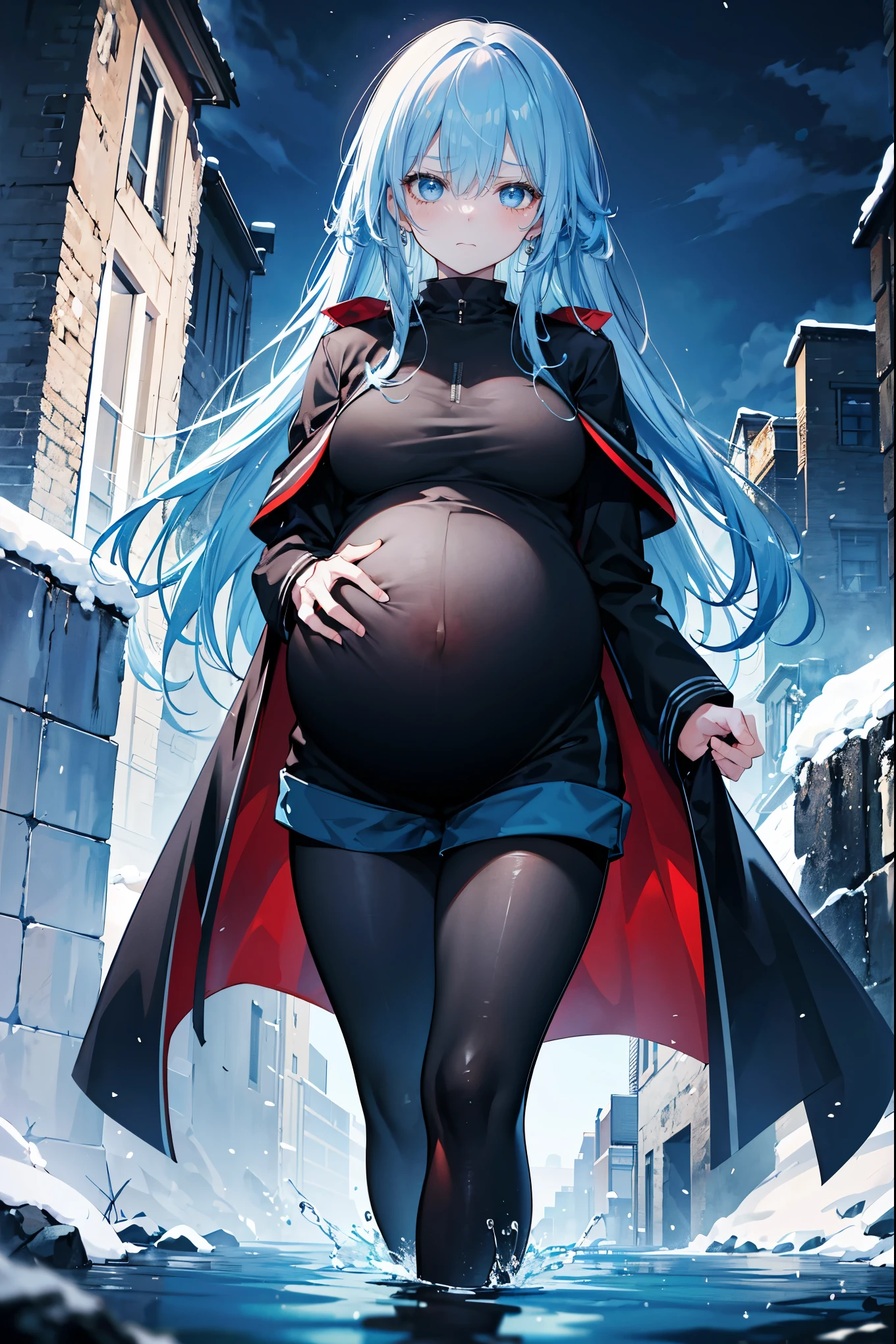 High Resolution, Masterpiece, 4K, snowy riverside, night, 1girl, blue hair, long hair, blue eyes, medium breasts, blue combat coat, black shirt, blue shorts, black leggings, black boots, looking at viewer, arms behind back, pregnant, angry expression, standing in water