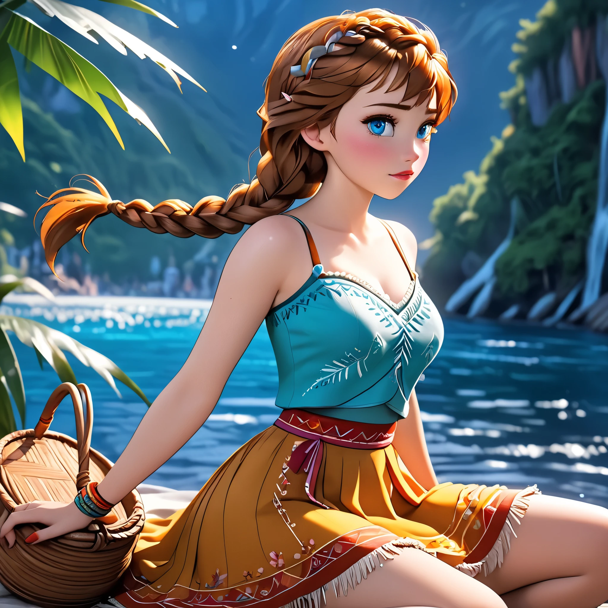 (beautiful girl:1.3),1girl,masterpiece,Highest quality,Ultra-high resolution,rich contrast,super high quality,8k,Highly detailed CG unit wallpaper,texture,Incredibly absurd,Ultra-high resolution,Highest quality anime,professional photograph,an extremely delicate and beautiful,RAW Photos,Depth of Field 1.2,ultra-detailed eyes,Glitter Effect,Beautiful glossy lips, 25years old, gorgeous legs, noise perfect, gorgeous ass, 1girl, gorgeous ass, dynamic pose, sensual woman, seductive woman, mature woman, Milf, maternal, shy look, full body, (type of photo: medium shot, portraying the person from head to waist), orange hair, blue eyes, twin braids, Princess Anna from Frozen, DisneyAnna, Boho Set (Adventure and Freedom): Top: Sleeveless linen blouse in terracotta tone with floral embroidery in white thread, with a "V" shaped neckline and thin straps. Bottom: Long skirt with a wrap-around cut, with a multicolor ethnic print in warm tones (red, orange and yellow). The skirt has a lace fringe at the bottom edge. Shoes: Brown leather sandals with thin straps and beaded details. Accessories: Wooden bracelets, silver rings and a straw bag with leather details.