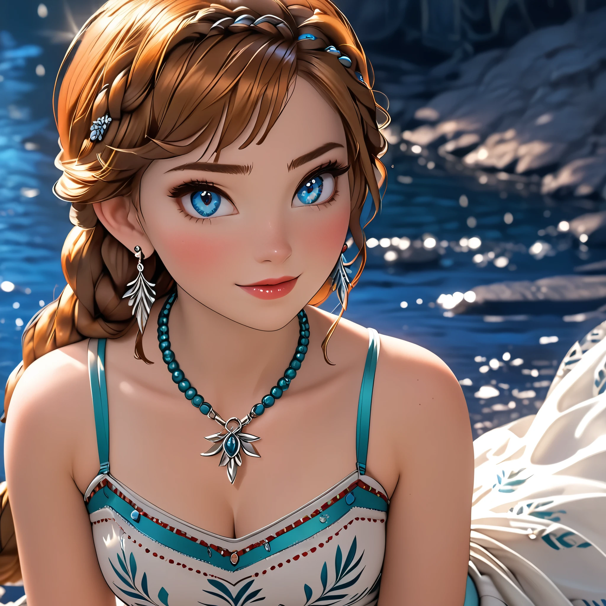 (beautiful girl:1.3),1girl,masterpiece,Highest quality,Ultra-high resolution,rich contrast,super high quality,8k,Highly detailed CG unit wallpaper,texture,Incredibly absurd,Ultra-high resolution,Highest quality anime,professional photograph,an extremely delicate and beautiful,RAW Photos,Depth of Field 1.2,ultra-detailed eyes,Glitter Effect,Beautiful glossy lips, 25years old, gorgeous legs, noise perfect, gorgeous ass, 1girl, gorgeous ass, dynamic pose, sensual woman, seductive woman, mature woman, Milf, maternal, shy look, full body, (type of photo: medium shot, portraying the person from head to waist), orange hair, blue eyes, twin braids, Princess Anna from Frozen, DisneyAnna, Boho Set (Adventure and Freedom): Top: Sleeveless linen blouse in terracotta tone with floral embroidery in white thread, with a "V" shaped neckline and thin straps. Bottom: Long skirt with a wrap-around cut, with a multicolor ethnic print in warm tones (red, orange and yellow). The skirt has a lace fringe at the bottom edge. Shoes: Brown leather sandals with thin straps and beaded details. Accessories: Wooden bracelets, silver rings and a straw bag with leather details.