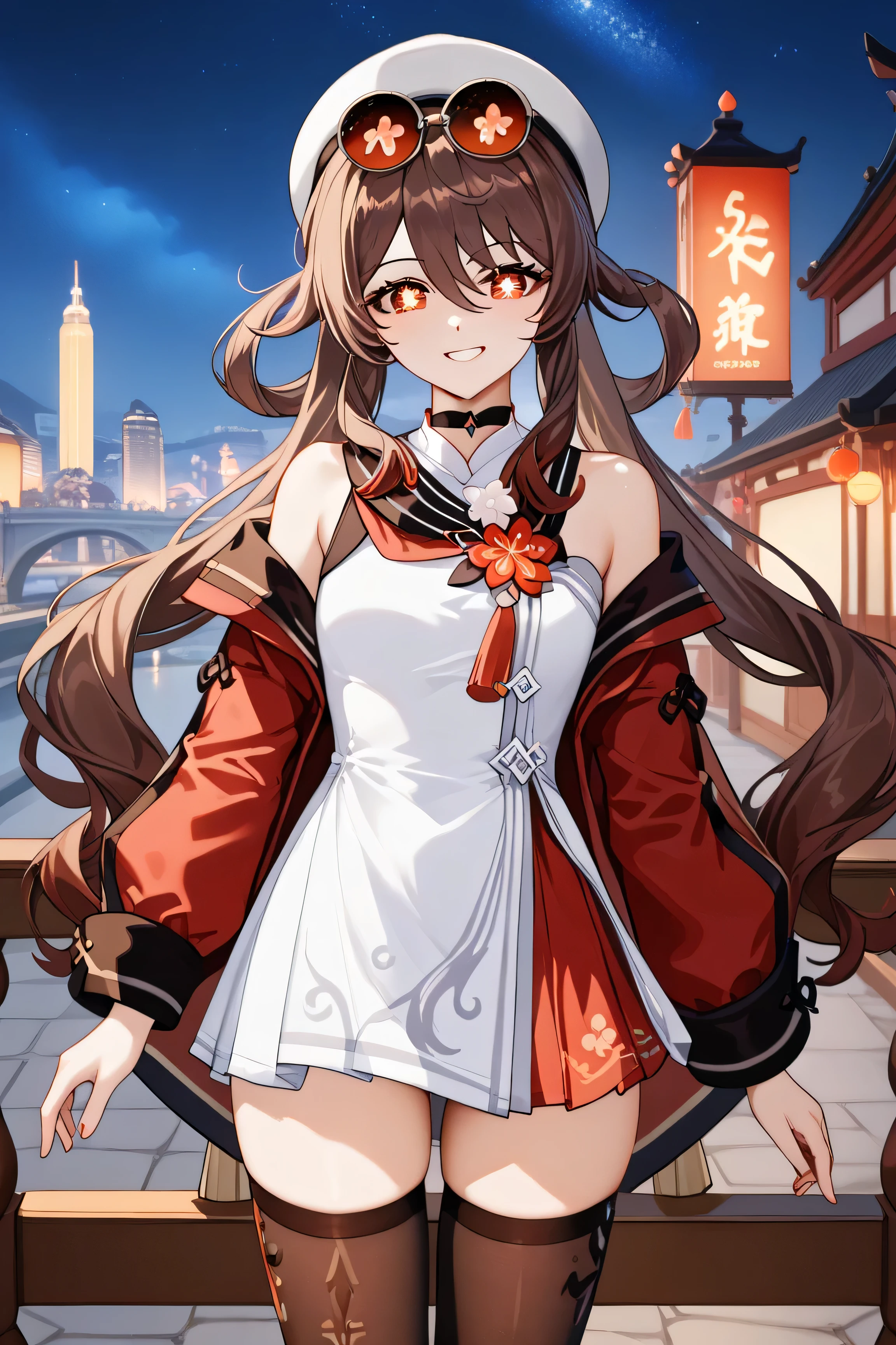 score_9, score_8_up, score_7_up, source_anime,
BREAK
1girl, solo,
shihucherry, alternate costume, official alternate costume,
long hair, very long hair,
brown hair, red eyes, twintails, flower-shaped pupils, hair between eyes,
sunglasses, eyewear on head, tinted eyewear,
white headwear, white hat, white shirt, bare shoulders, off shoulder, detached sleeves,
white dress, red skirt, black thighhighs,
looking at viewer, smile,Hu Tao (Genshin Impact), new outfit, standing on a bridge near a city, tent nearby,
POV shot, looking from the traveler's perspective,
playful expression, teasing, seductive smile, mysterious aura,
red eyes, twintails, symbol-shaped pupils, brown hair,
black and red jacket, white shirt, black choker, jewelry,
midriff, off shoulder, thigh-high stockings,
background blur, night sky, soft lighting,
cinematic framing, anime style, masterpiece, best quality,(full clothes:1.5)