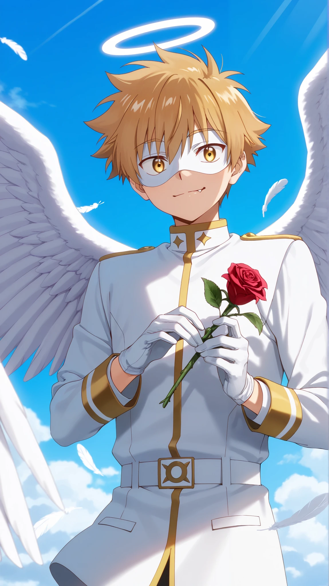 Full pure White hero masked men anime, solo,white angel uniform,white mask,white eye mask,glove,angel,1boy,mysterious grin,fang out,male focus,big white angel wing,angel halo,golden eyes,day sky clouds heaven background,inuzuka shuu, blonde,male focus,playful,white feathers effect, male focus,light smile, Sunshade,holding roses,