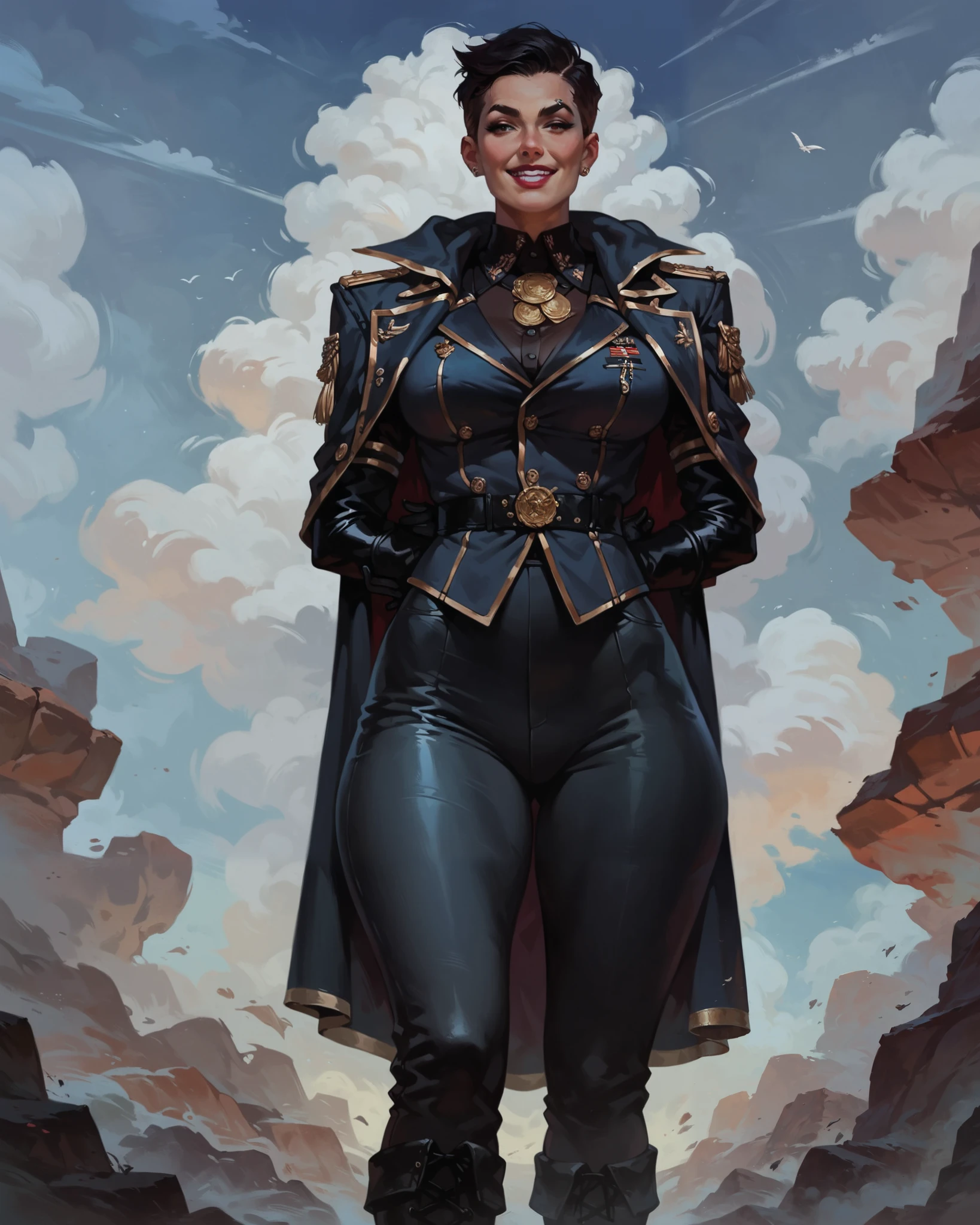 Concept art style, a full body low angle portrait of a wide shoulders, mature woman, with ((slicked back black hair)), (very short pixie hair), lipstick, sharp eyebrows. She is standing straight, ((hands behind back)) HBB. She has a (black and maroon colored military uniform vest) with gold accents, medals, buttons, long sleeves, (long gloves), ww1 uniform, cloak with hood around neck, dark pants, high leather boots. She has wide hips and thick legs. She is smiling. High quality, best quality.