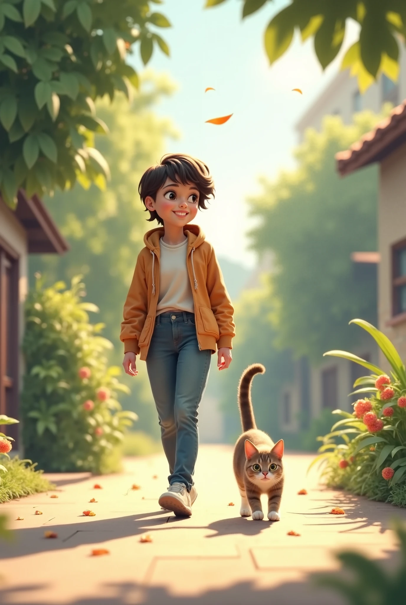 best quality, high resolution, distinct image, (many (detailed) little guy) and one guy:1.3), focus on bag, little (detailed) city around guy,background is back alley, detasiled sunlight, sitting, guy looking viewer, front view, ( looking viewer:1.2), sitting on the floor grasping knees, (happy:1.3) , (kitten)