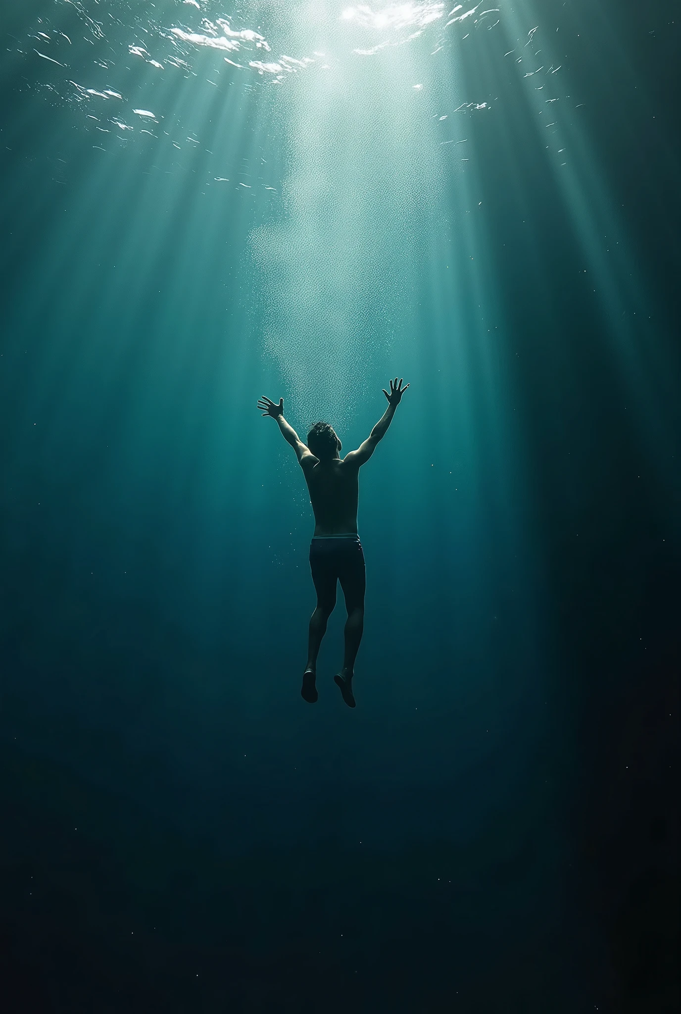Create a realistic image wher :A man submerged in water, reaching up for air while the surface reflects a bright light, representing the struggle for survival amidst life's challenges.