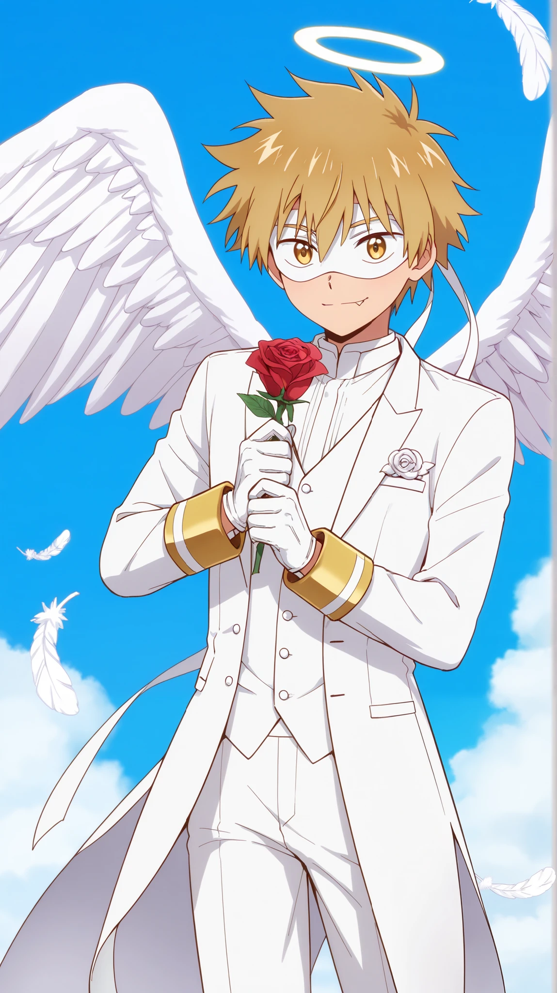 Full pure White hero masked men anime, solo,white wedding uniform,white eye mask,gloves,angel,1boy,mysterious grin,fang out,male focus,big white angel wing,angel halo,golden eyes,day sky clouds heaven background,inuzuka shuu, blonde,male focus,playful,white feathers effect, male focus,light smile, Sunshine,holding rose,
