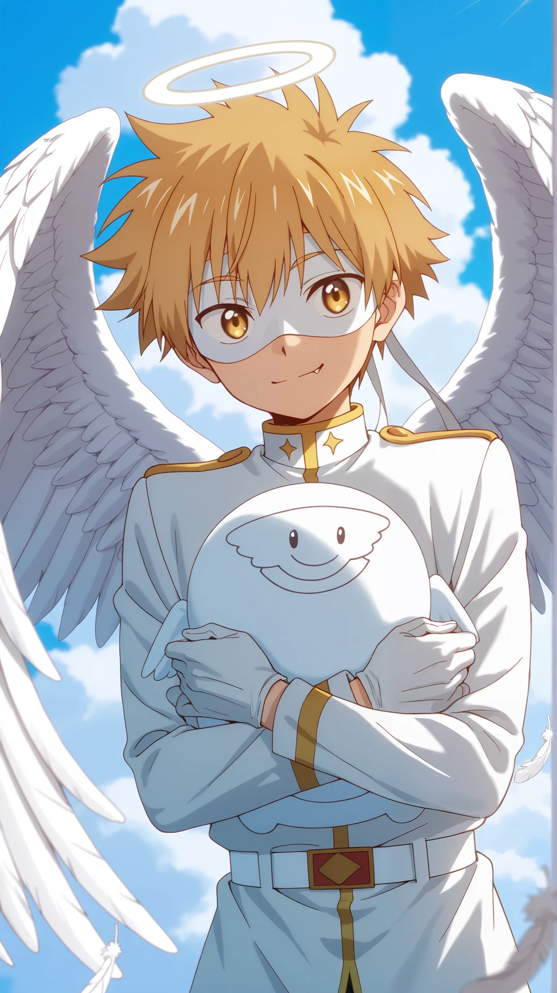 Full pure White hero masked men anime, solo,white angel uniform,white eye mask,white belt,gloves,angel,1boy,mysterious grin,fang out,male focus,big white angel wing,angel halo,golden eyes,day sky clouds heaven background,inuzuka shuu, blonde,male focus,playful,white feathers effect, male focus,light smile, Sunshine,hugging,