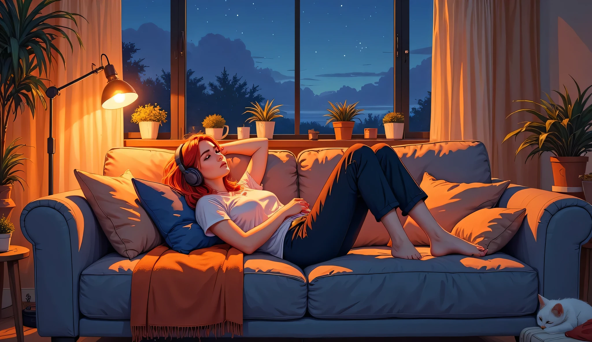 Relaxing scene, red-haired anime girl in casual clothes lying comfortably on a modern sofa, wireless headphones on, evening mood, soft lighting from window and desk lamp. Cozy room interior with throw blanket, decorative pillows, cat sleeping nearby, ghibli inspired art style, warm orange and deep blue color scheme, gentle shadows.