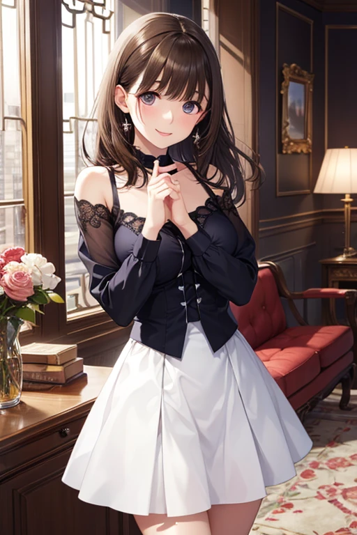 ((masterpiece)), ((best quality)), ((ultra detailed)), ((kawaii)), cute, (lovely), ((extremely detailed)), ((8K)), (beautiful), full body, luxury room, a cute girl, 1girl, solo, blue mini camisole dress,beautiful darkbrown hair, ((detailed beautiful brown eyes)), white-skinned, flat breast, tiny breast, garter belt,(garter stockings:1.4),pink eyeshadow,(standing:1.4),full body