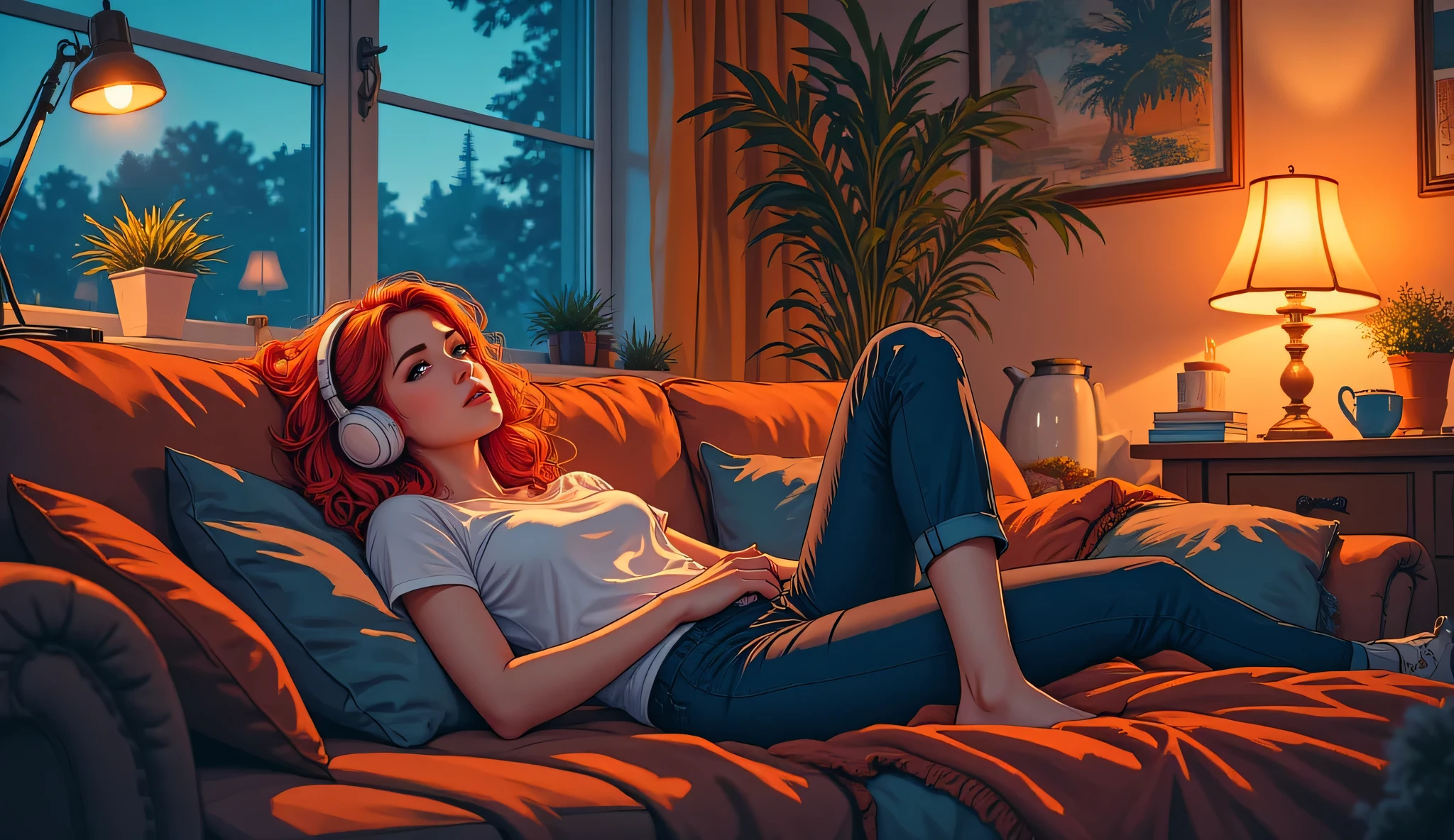 Relaxing scene, red-haired anime girl in casual clothes lying comfortably on a modern sofa, wireless headphones on, evening mood, soft lighting from window and desk lamp. Cozy room interior with throw blanket, decorative pillows, cat sleeping nearby, ghibli inspired art style, warm orange and deep blue color scheme, gentle shadows.