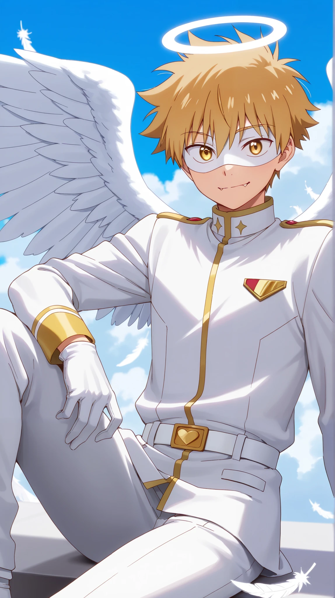 Full pure White hero masked men anime, solo,white angel uniform,white mask,white eye mask,white belt,gloves,angel,1boy,mysterious grin,fang out,male focus,big white angel wing,angel halo,golden eyes,day sky clouds heaven background,inuzuka shuu, blonde,male focus,playful,white feathers effect, male focus,light smile, Sunshine,sitting