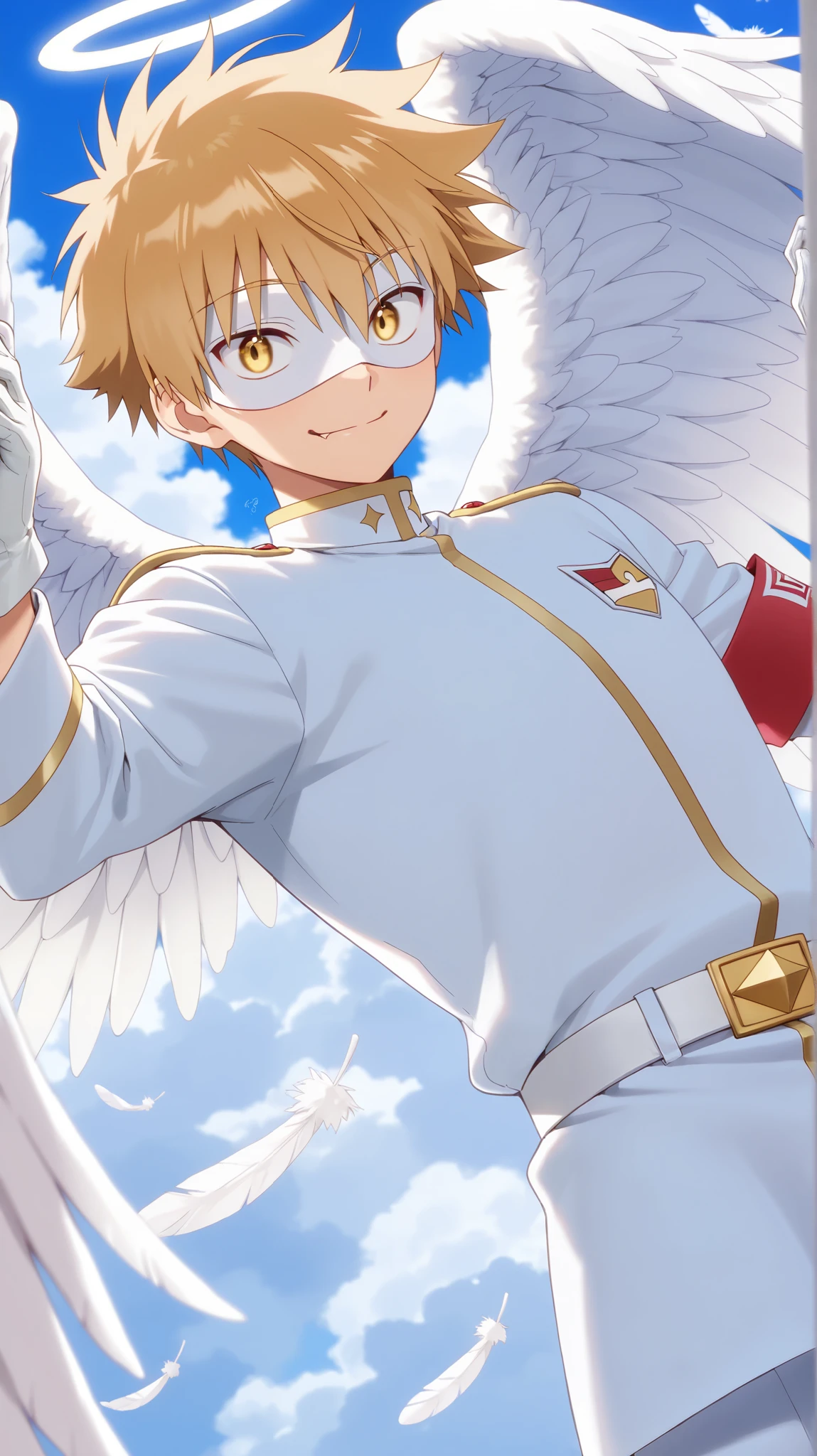 Full pure White hero masked men anime, solo,white angel uniform,white mask,white eye mask,white belt,gloves,angel,1boy,mysterious grin,fang out,male focus,big white angel wing,angel halo,golden eyes,day sky clouds heaven background,inuzuka shuu, blonde,male focus,playful,white feathers effect, male focus,light smile, Sunshine,eatting