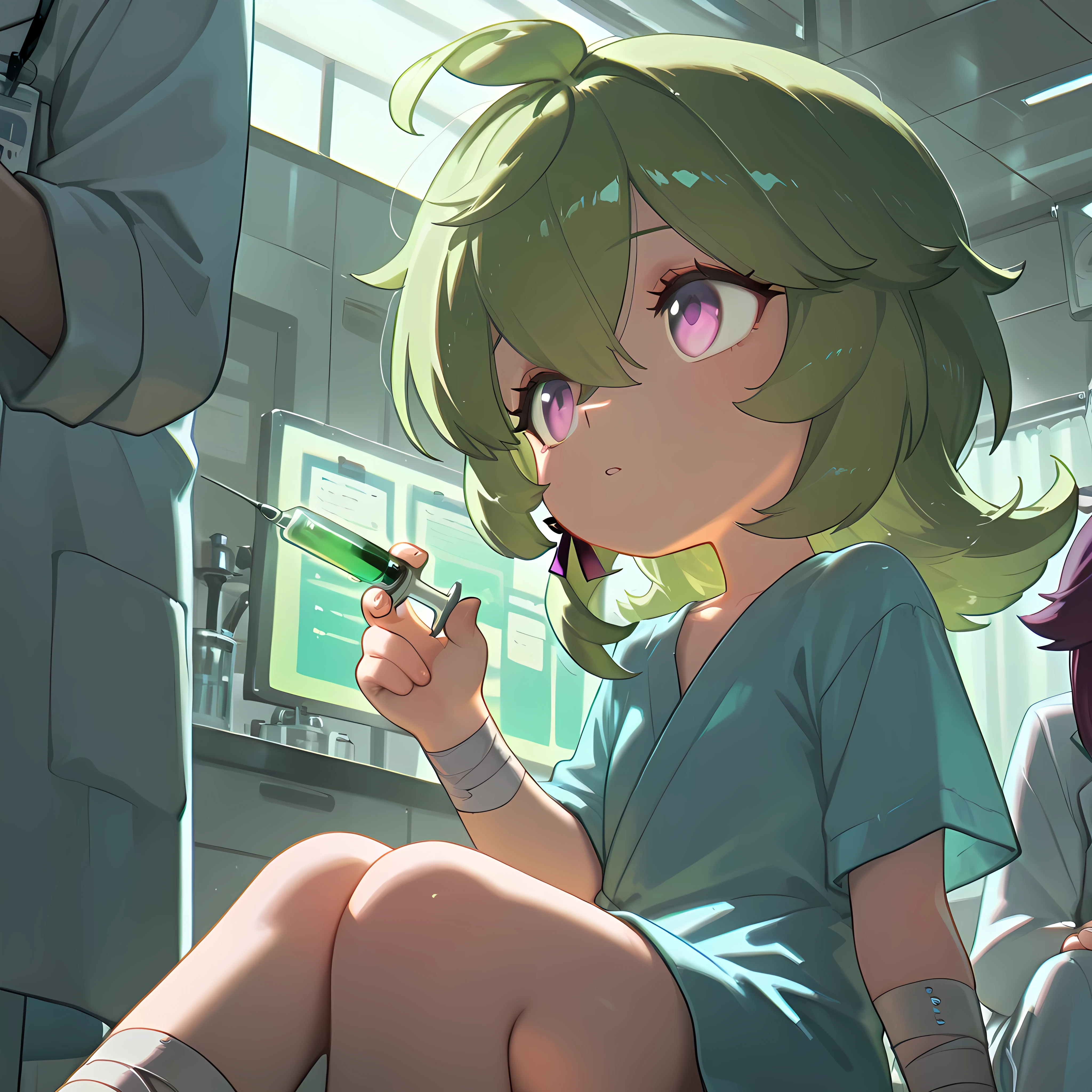 Score_9, score_8_up, score_7_up, masterpiece, best quality, amazing quality, very aesthetic, high resolution, ultra-detailed, absurdres, newest, Anime screencap, highly detailed, high quality, hyper-Detailed, mistico_IL. BREAK.
1girl, short hair, holding, hair between eyes, sitting, purple eyes, short sleeves, green hair, indoors, glowing, bandages, aged down, bandaged arm, lab coat, bandaged leg, syringe, holding syringe, doctor, hospital gown, hospital, collei \(genshin impact\)