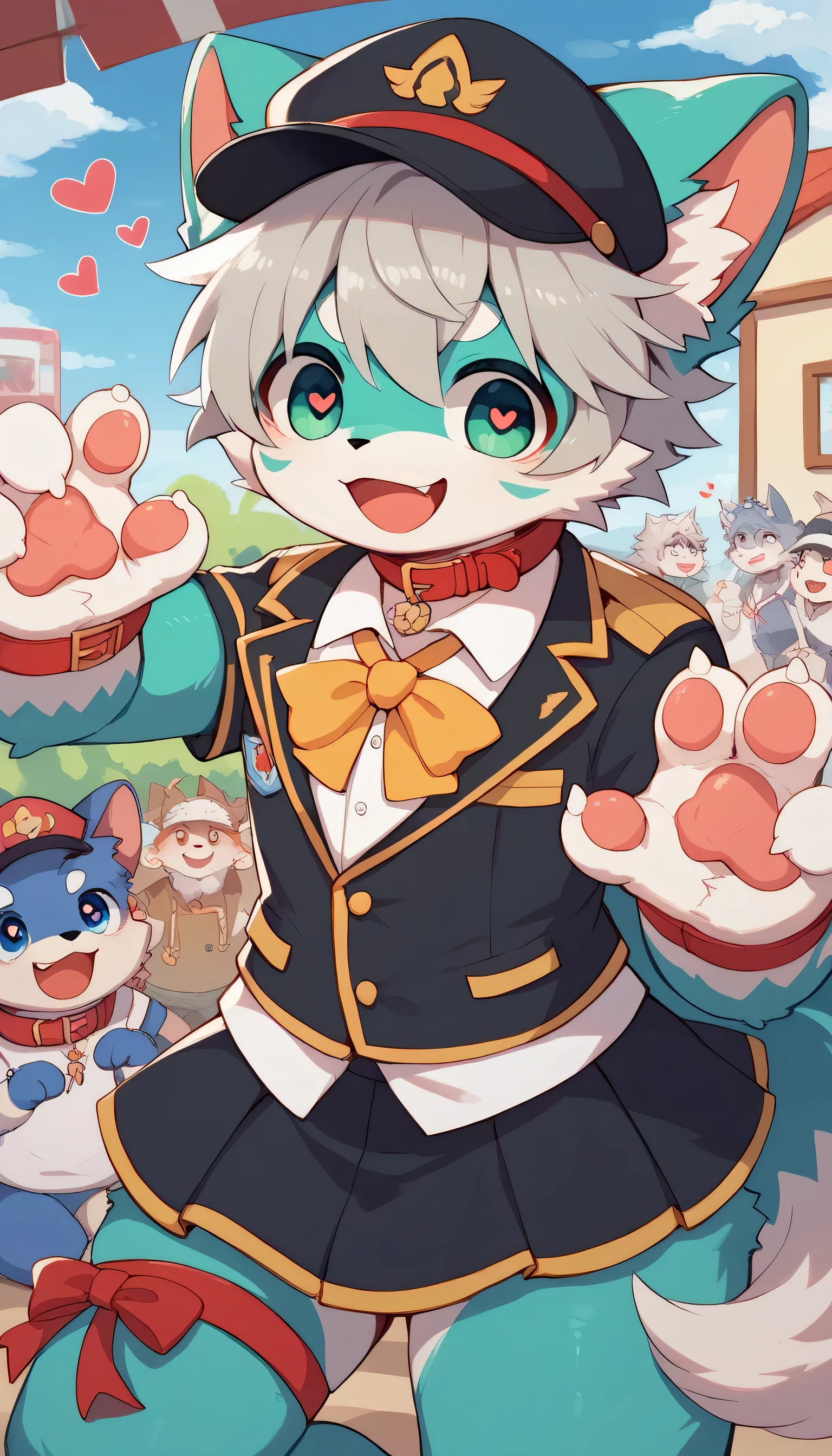 very detailedな, very detailed, blue fur gray hair,,male,骨を見てExcited, heart eyes,participate, red collar, green white and colored hat, cute face, fluffy fur like one,Excited,Horny boy,「paw」「give paw」「shake hands」 's room ,Smiling face,Dropped ears, my mental age is ,Want,uniform brown ,high school