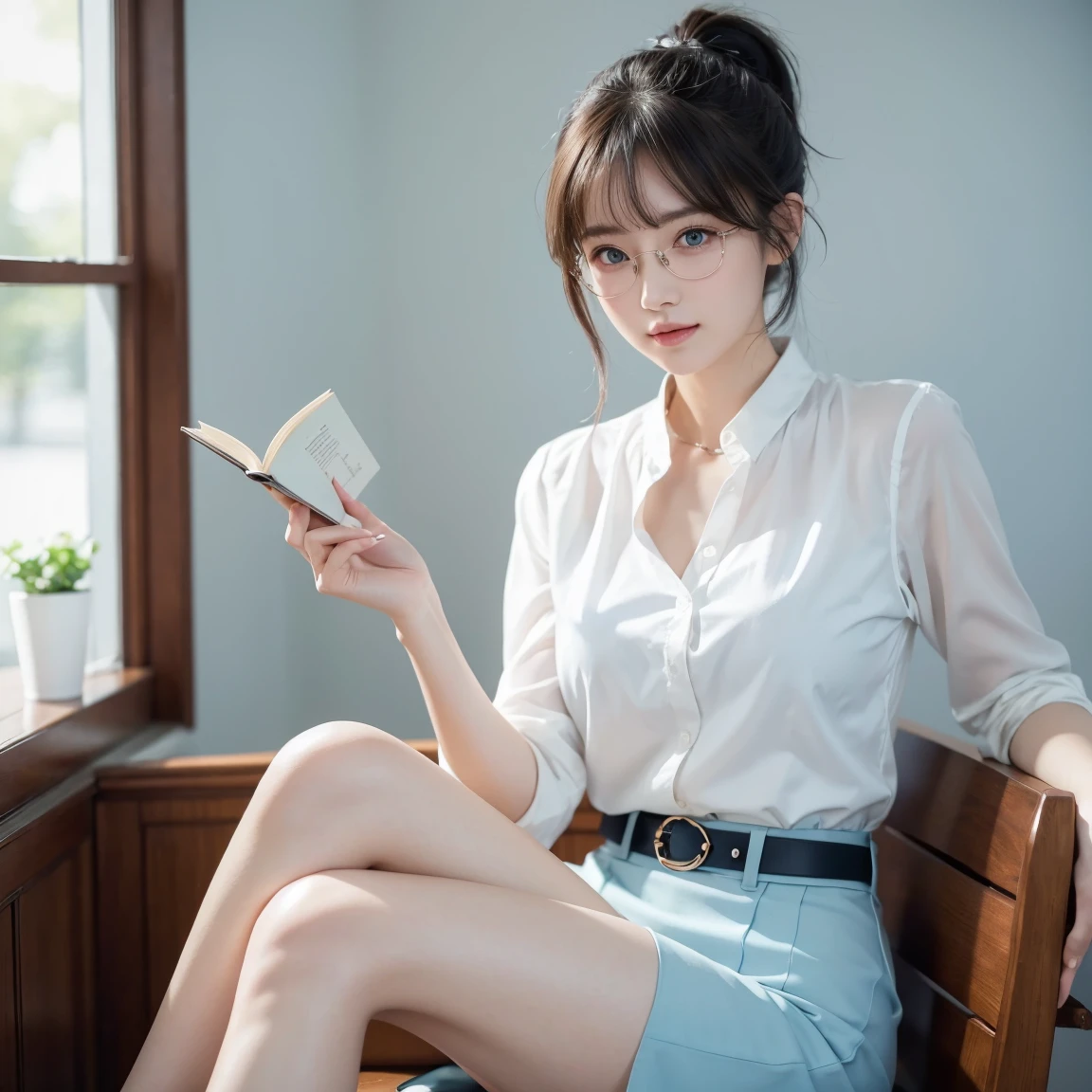 8k, highest quality, masterpiece, Ultra-high resolution, (Realistic:1.4), whole body、RAW Photos, ((Long brown straight hair, See-through bangs))), Beautiful Details 1 Girl, (Realistic:1.4), High-resolution RAW color photos, Professional photos, Highly detailed eyes and face, Natural light, Facial details, White skin, Shiny skin, Tight waist, Small Ass, Thin legs,Natural Breasts, Nice body, (((図書館でI read a book、I read a book、His face is turned towards the book)))、Bookshelf、((White shirt、Navy blue 、wear glasses))