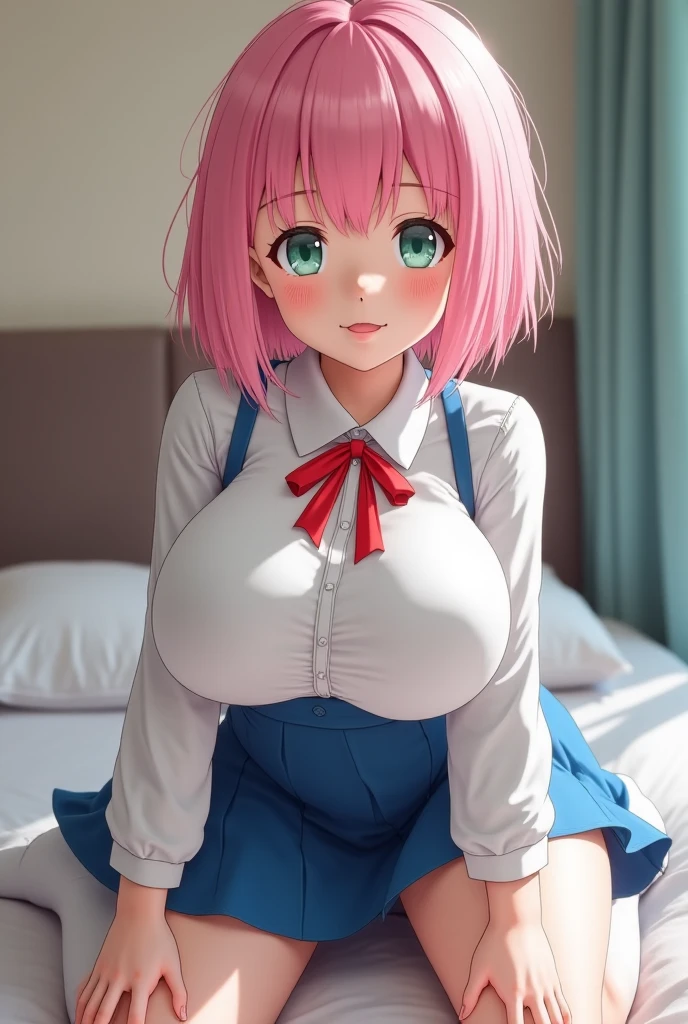 nsfw,Mastepiece、masterpiece、highest quality、Super detailed、High resolution、8K Portrait、High definition CG of Unity 8k wallpaper、Cute little:1.5、Loli:1.5、Highly detailed CG Unity 8k wallpaper、Realistic、Real person、 Portrait Photography、Shiny skin、High definition、(16 years old:1.2)、(1 girl)、Beautiful clear eyes、extremely detailed description、Delicate face、Nice lips、Slim body、 (thin waist)、Thin legs、(bed room:1.6)、1 Girl,Cute,seriously,perfect face,seriously,(blush:1.9),((cute:1.5)),(Pink hair bob:1.5),(huge breasts:1.5),((school uniform:1.4)),((clothes topless:1.5)),((nipples:1.2)),((vagioal sex:1.9)),((1 boy:1.8)),((vaginal penis:1.8)),(orgasm face:1.8),((intercourse with a man:1.2)),((POV sit astride on man:1.5)),((girl on top:1.8)),(rodeo),hetero,(looking at viewer),(from front),((cum in pussy:1.5)),(vulgarity:1.8),((nino nakano:1.5)),(Black Ribbon:1.2)