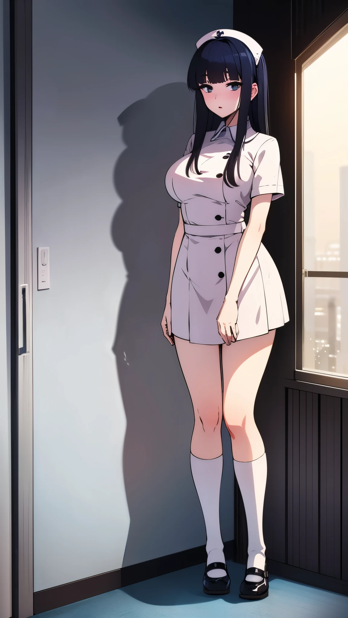 nside hospital room, anime style, 1femail, ultra high res, Best quality, ultra detailed, 8k, wearing white nurse uniform, nurse shoes, masterpiece, high nose(1:2), large mouth, break straight long hair, dark eyelashes, standing, full body shot,