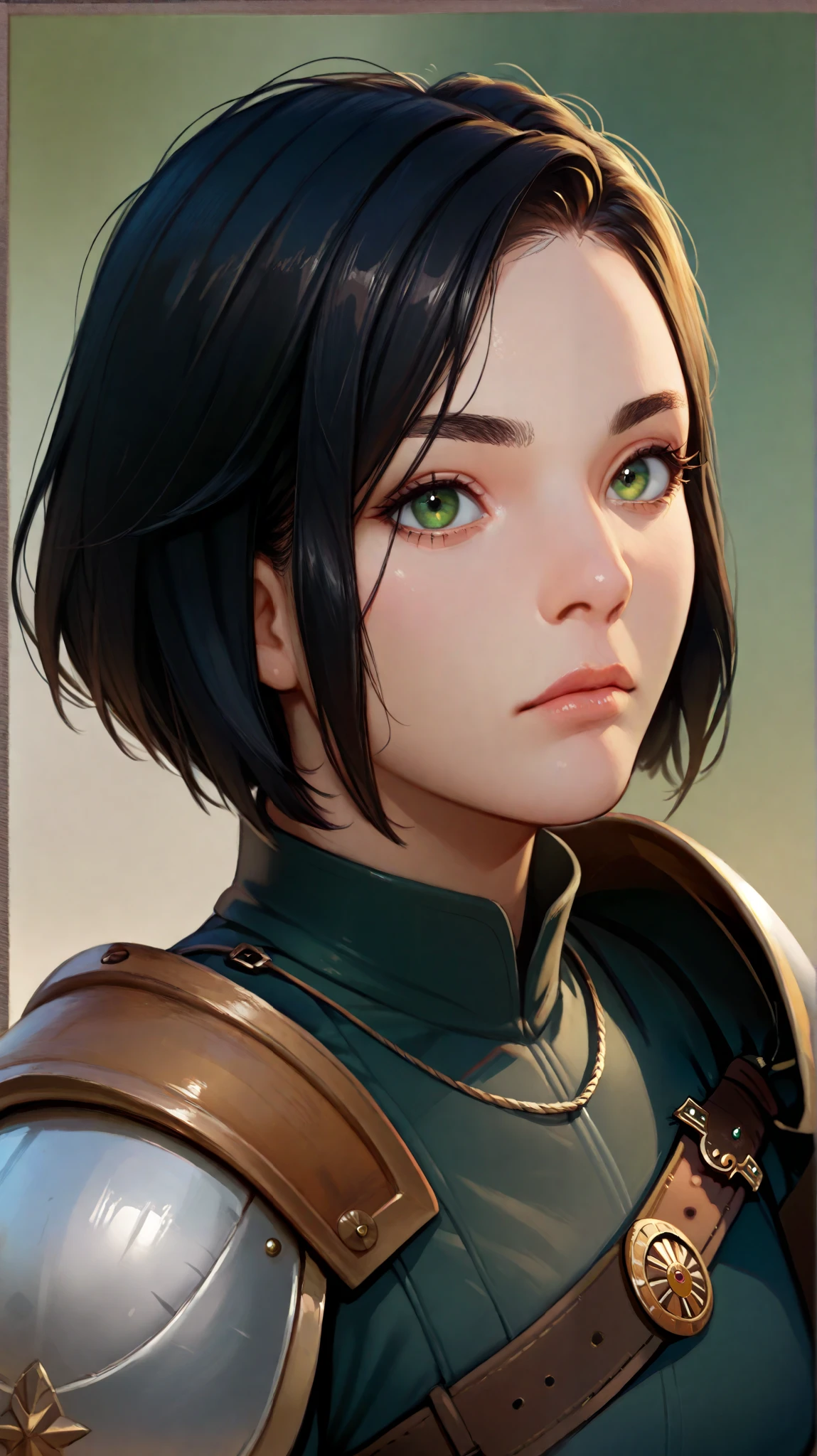 woman, green-eyed,  short black hair,  using a warrior's shoulder pad, Camera close to the face 