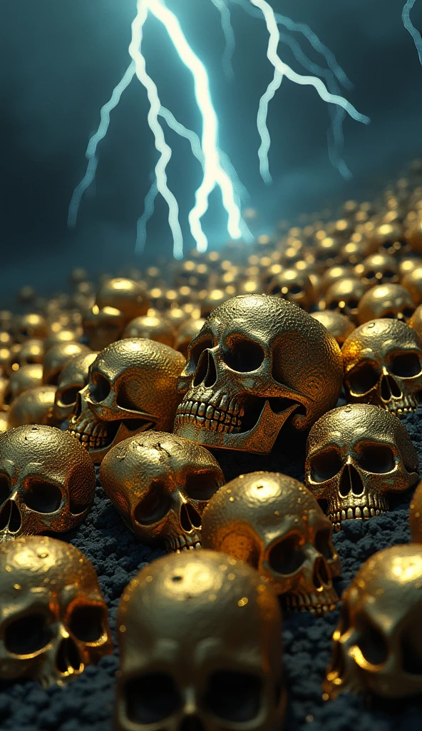 a close up of a gold skull with spikes on a chain, gold skulls, gold and black metal, of spiked gears of war skulls, crown of skulls, close-up portrait goddess skull, sacred skull, with a crown of skulls, punks not dead!, skull like, punks not dead!!!!, fantasy skull, heavy metal style, sculpture made of gold, gold metal