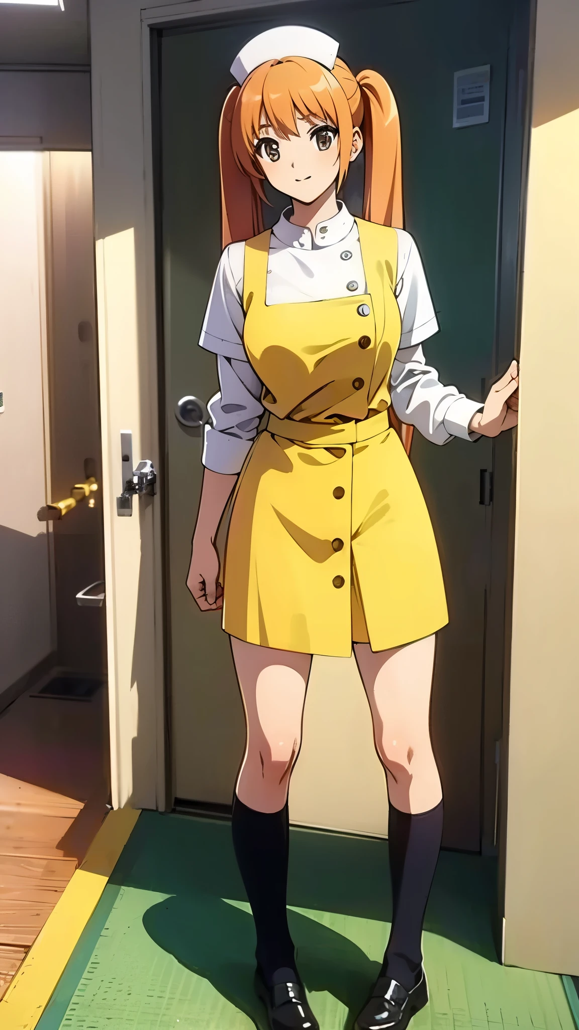 inside hospital room, wearing white nurse uniform, nurse shoes, break anime style, masterpiece, best quality, break, orange hair, break high bridge, BREAK super straight hair, BREAK long side twin tails, break standing, full body shot,