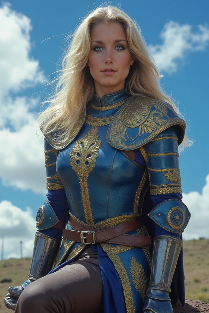 During a session of the United Nations Assembly, at the lectern to make a speech, a woman 30 years old, very long straight hair, very blond hair, slim, blue eyes, wearing a blue and cream color futurist long royal dress with a printed circuit board cape, mix of armor and dress and a royal crown, intense gazing eyes, as a conceptual AI, ultra-resolution, intricately detailed, medium shot, low angle, 8k by Helmut Newton