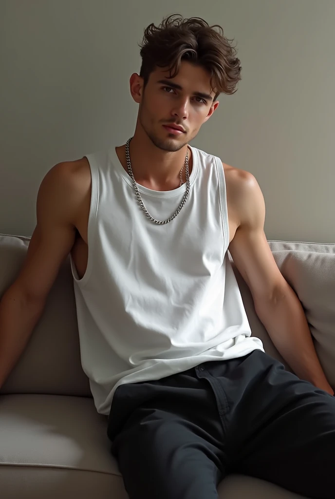 A young man,blonde short straight hair neat, slim with side abdominal muscles,simple white shirt and black sweatpants and a pair of white sneakers on his cheek, a slight touch of pink in the background, he is sitting on the sofa. 