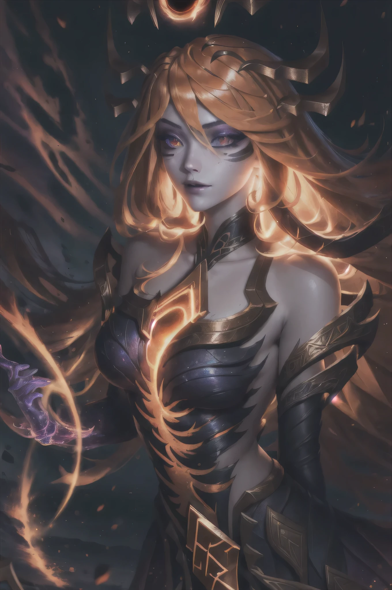 ultra realistic, ((gorgeous)), league of legends, highres, 1girl, ultra-detailed, (beautiful detailed face and eyes and hair:1.1), masterpiece, perfect face, beautiful face, textured skin, beautiful detailed face, sensual, beautiful eyes, masterpiece, intricate details, 1girl, looking at viewer, Extremely beautiful, (large breast:1.2), pretty woman, beautiful woman, Dark_Cosmic_Lux, Orange_hair, gradient_hair, very_long_hair, Dark_Cosmic_Lux, Cosmic_Lux, (orange eyes:1.3),