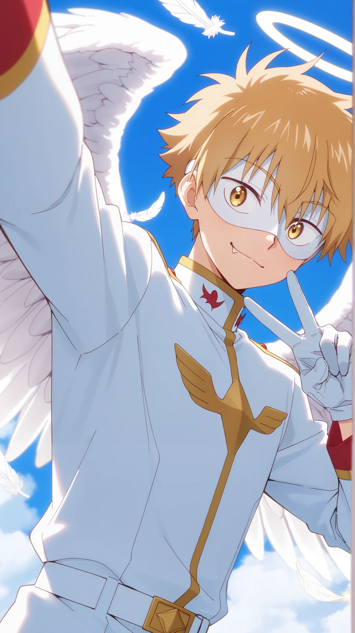 Full pure White hero masked men anime, solo,white angel uniform,white eye mask,gloves,white belt,angel,1boy,mysterious grin,fang out,male focus,big white angel wing,angel halo,golden eyes,day sky clouds heaven background,inuzuka shuu, blonde,male focus,playful,white feathers effect, male focus,light smile, Sunshine,Selfie pose,