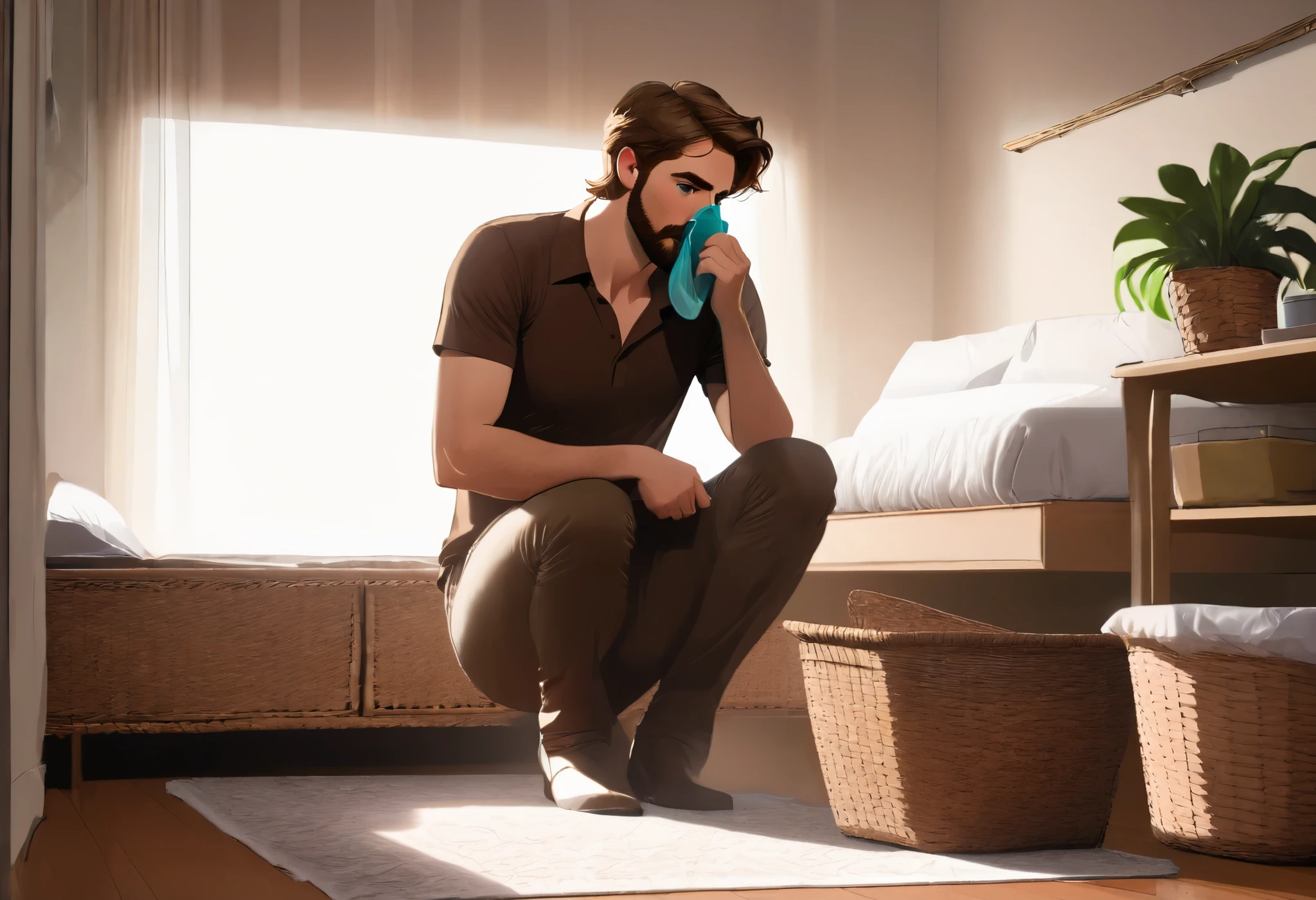sniffing panties, panties on face, holding panties, (((sniffing panties))), BACKGROUND: BEDROOM, ((30-year-old Man)), mid-30s, facial hair stubble, brown hair, dark shirt, brown facial hair, standing, standing next to basket, wicker basket on the floor, woman's bedroom,