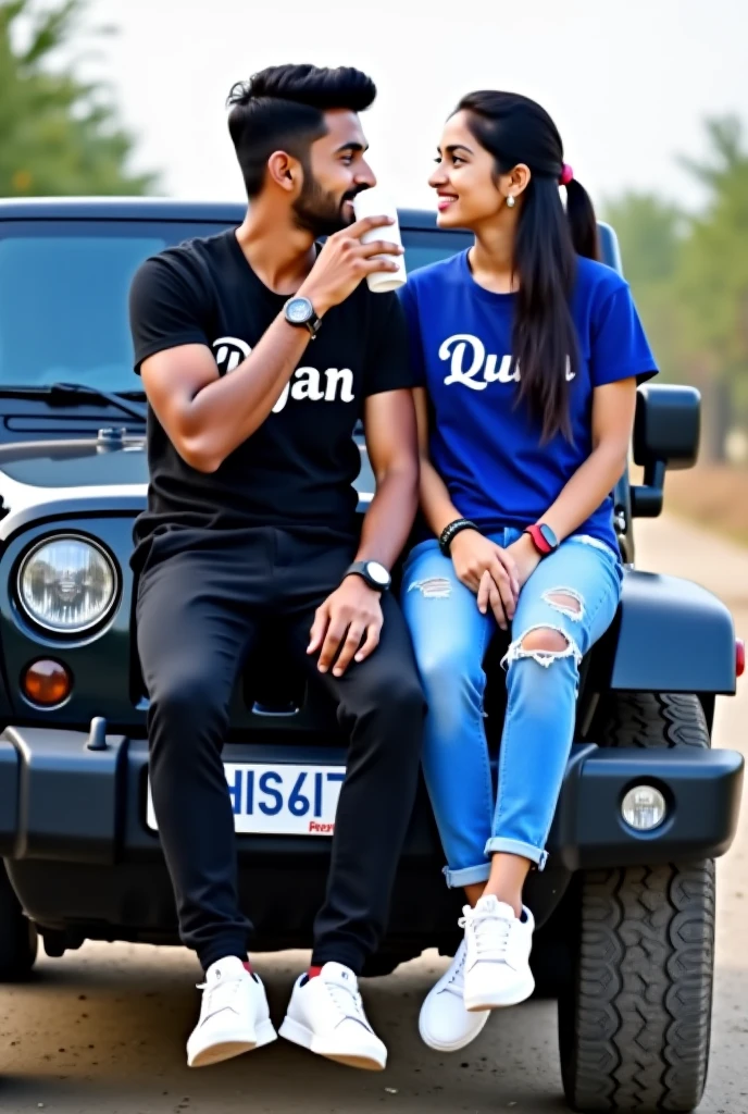 Chefaha with a t-shirt writing a chefaha on front and his lover usinga they sitting on car range rover if her lover t-shirt writing a uraha
