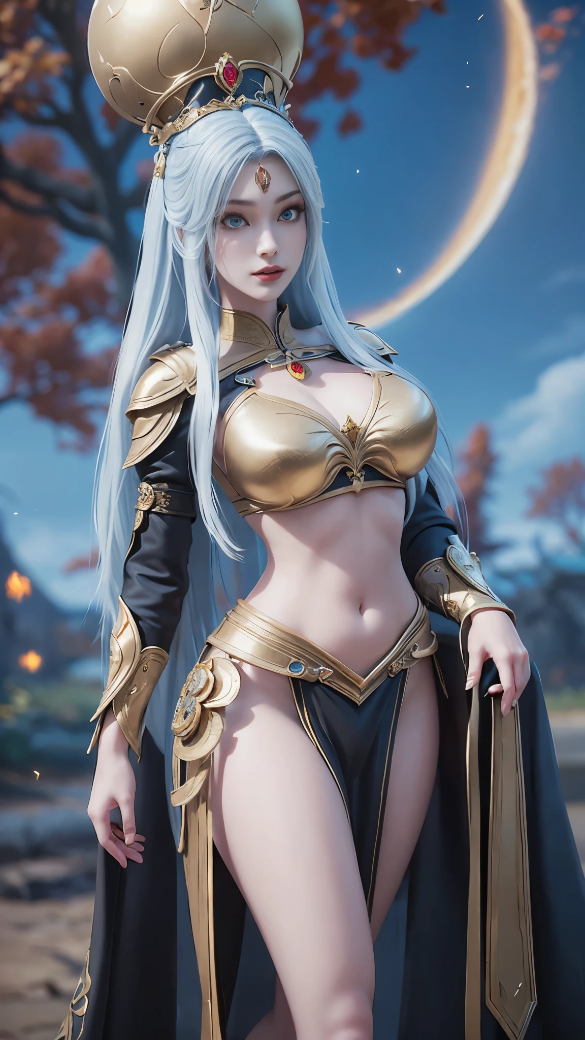 a close up of a woman in a gold outfit posing for a picture, a beautiful fantasy empress, giant stunning goddess shot, japanese goddess, extremely detailed goddess shot, ((a beautiful fantasy empress)), mighty plump female sorceress, cinematic goddess body shot, extremely detailed artgerm, ne zha from smite, anime goddess, cameltoe, pussy, exposed Belly button, exposed Cameltoe embossed, full tall legs, shot, breasts argumentation, perfect sphere round breasts, no gravity on boobs, armor bikini