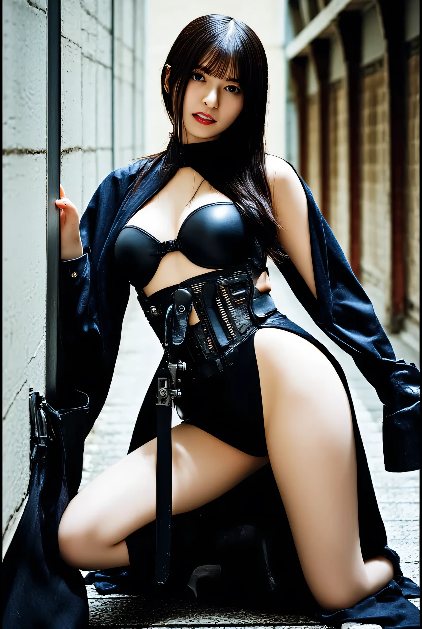 score_9, score_8_up, score_7_up, beautyful japanese woman, slim body, slender body, black jacket, black jeans,big long fringe black hair, black lipstick, pink bra, calm face, morning, leaning against a wall, smoking