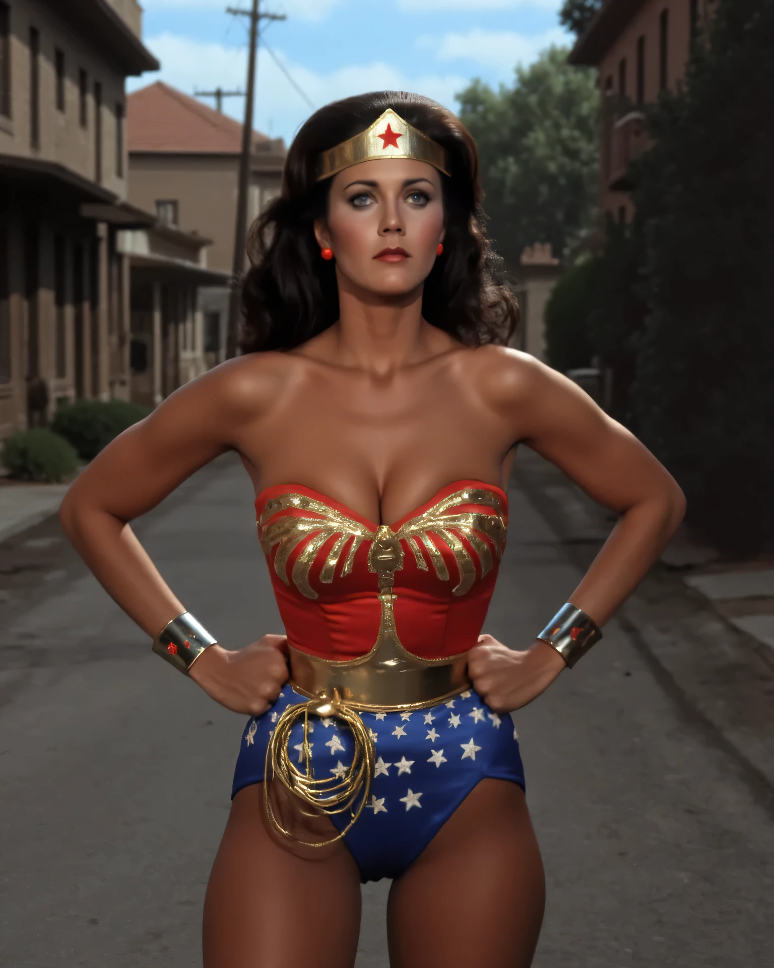 a gorgeous Wonder Woman in tight red and blue, dark black wavy hair that men covet , beautiful and detailed eyes, Striking facial features , Sexy beauty queen physique, White Skin ,The expression is romantic and sexy, Strong posture , in an impressive motion position , Dynamic Lighting, Dramatic cinematic scenes , digital painting , Complex and detailed rendering , ultra-realistic, 8k, vibrant colors, Dramatic shadows , movie lighting , Glamorous, sexy , The long , Random Pose,Ergonomic postures, The background is an old street in an abandoned town in the 1920s ,