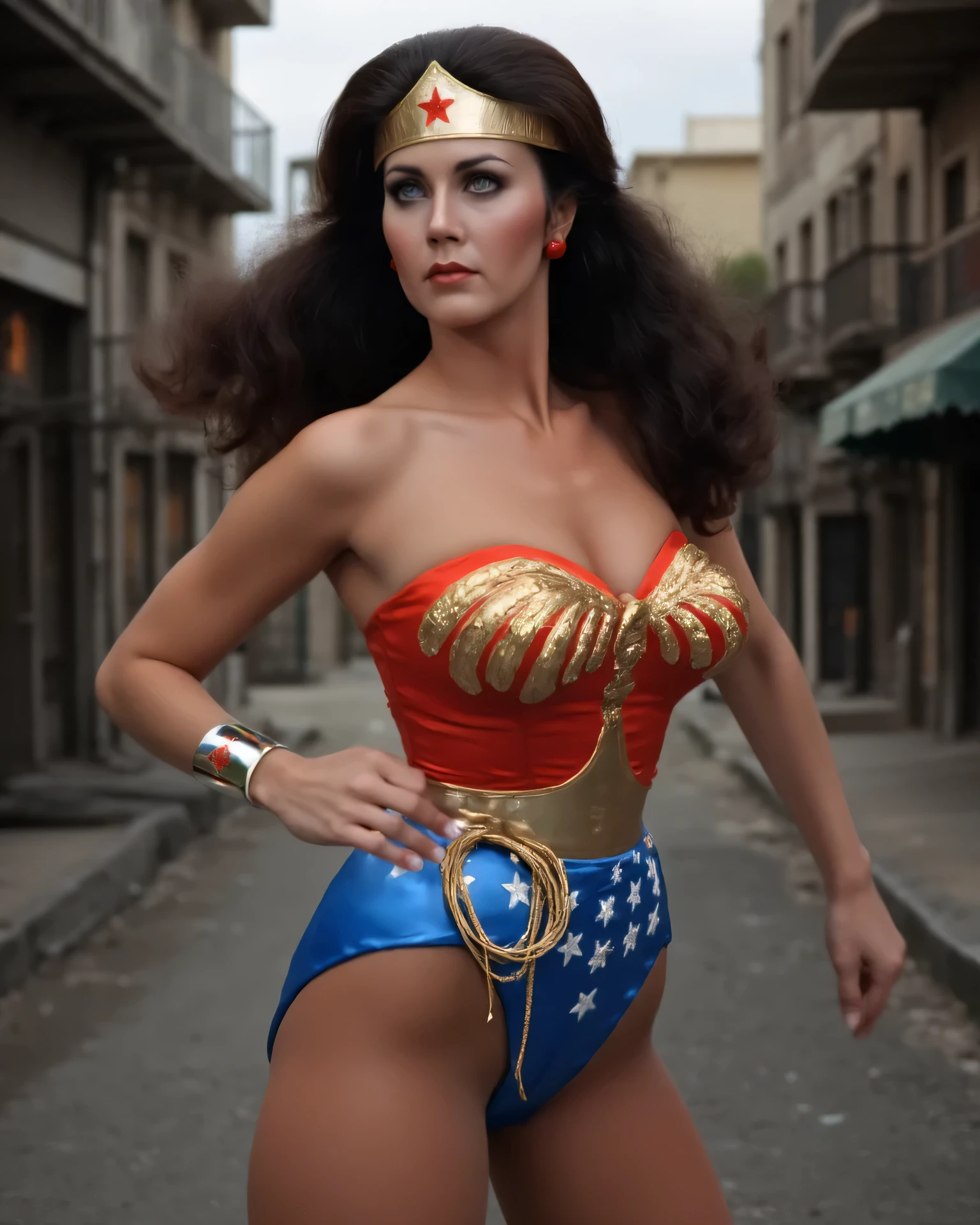 A gorgeous Wonder Woman in tight red and blue, long, dark hair , Beautiful and Detailed Eyes , Striking facial features , The physique of a sexy beauty queen, White Skin ,The expression is romantic and sexy, confident Powerful posture, in an impressive motion position , Dynamic Lighting, Dramatic cinematic scenes , digital painting , Complex and detailed rendering , ultra-realistic, 8K, vibrant colors, Dramatic shadows , Movie Lights , heroic, Powerful , Awesome , The background is an old street in an abandoned town in the 1920s ,