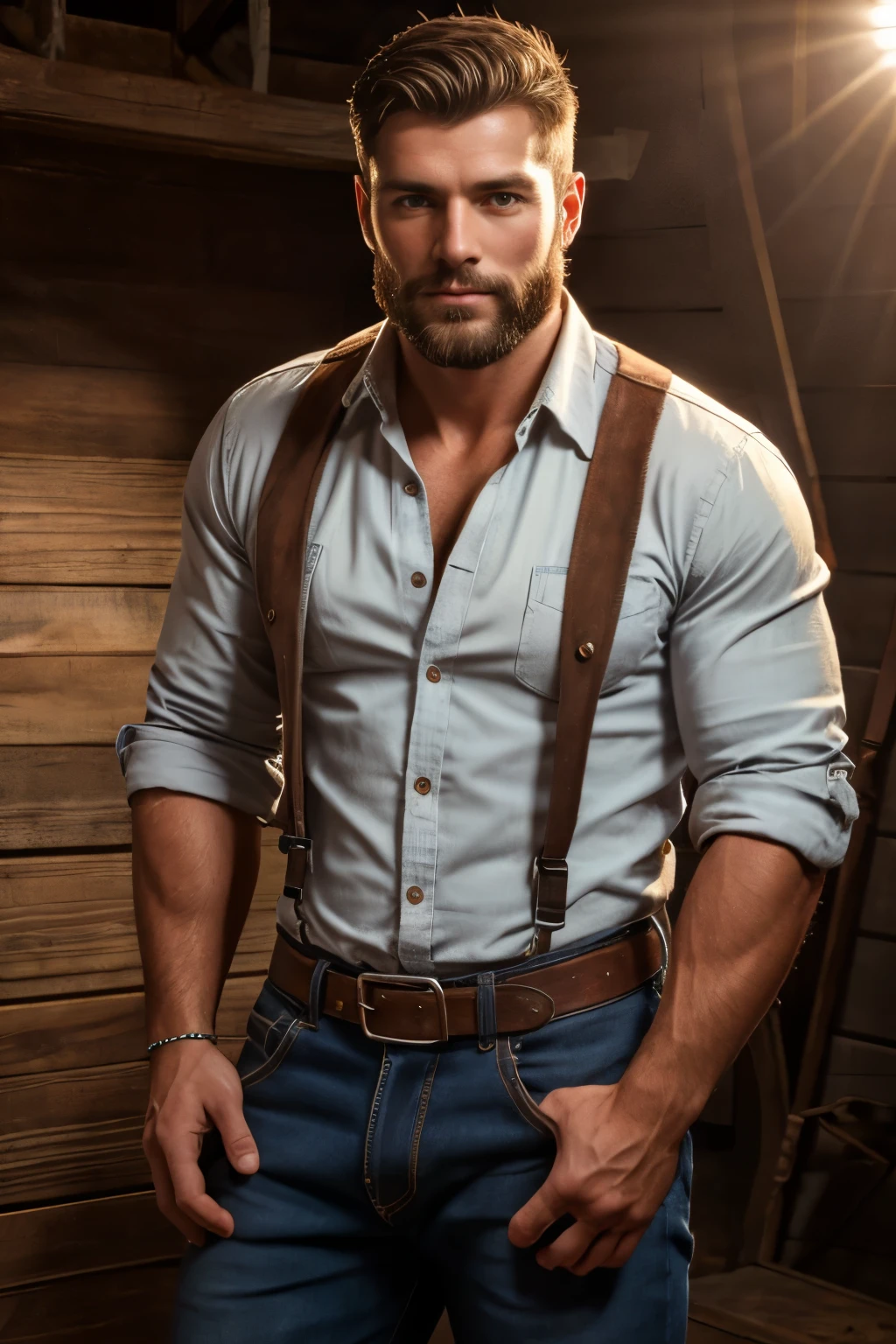 Masterpiece, Best Quality, Ultra-Detailed, muscular, bearded, thick mustache, imposing man [intense look], Intimidating presence, male figure,[imposing shadows],gritty realism, extreme detailed description, wide shoulders, green eyes, detailed eyes, brilliant eyes, handsome eyes, red hair, ginger hair, ginger beard, [chin stubble], imposing silhouette, bright colors, distinctive beard style, sharp focus, Unyielding pose, sense of authority, (((((wearing shirt:1.0))))), victorian male clothes, vicotrian male top clothes, golden cross necklace