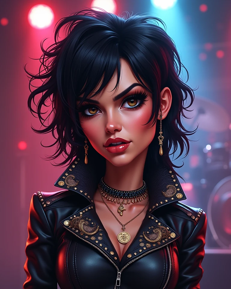<lora:d34th3ndl3ss:0.65> 1girl, solo, young_woman, d34th3ndl3ss, goth, black_hair + 80s_hair + punk_haircut + spiky_asymmetrical_hair, beautiful_eyes, long_eyelashes, black_mascara, eye_of_horus_spiral_makeup, black_lipstick, pale_skin, one_ankh_necklace, one_earring, crooked_smile, black_crop_top, art_by_neil_gaiman_and_sam_kieth. BREAK
<quality_prompt>