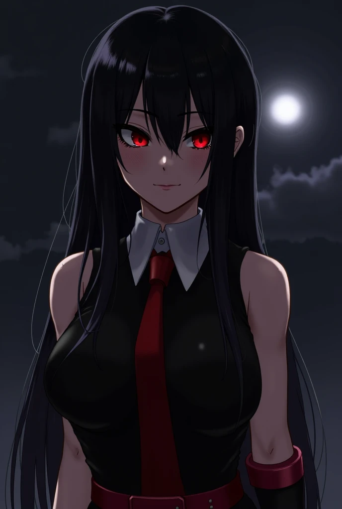 An eerie and captivating anime-inspired illustration of a young vampire woman with long black hair, red eyes, and vampire fangs, blood dripping from her mouth. She has exceptionally fair skin and a sinister expression. Clad in a white shirt and black pants, she is standing under a full moon, casting a silvery glow over her gothic, dark fantasy silhouette. The background showcases a dimly lit, foggy landscape with an anime-styled cityscape in the distance, evoking the nostalgic aesthetic of the 90s., anime, dark fantasy