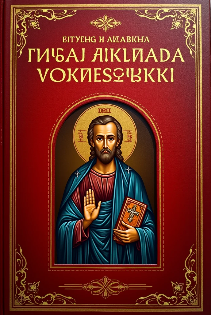Cover of a religious Christian-type book: the title has to be in a font that resembles the old Slavic christian font forming an arc on the top of the book cover, the title says: "Житие и акатис на Св. Филарет Нюйоркски", in the middle there has a icon type picture of the st. Philaret Voznesensky, we also want a thin ornamentic details on the borders of the cover in golden type color in a Christian style, the book cover has red background, realistic book cover, UHD, 8k, 4k,