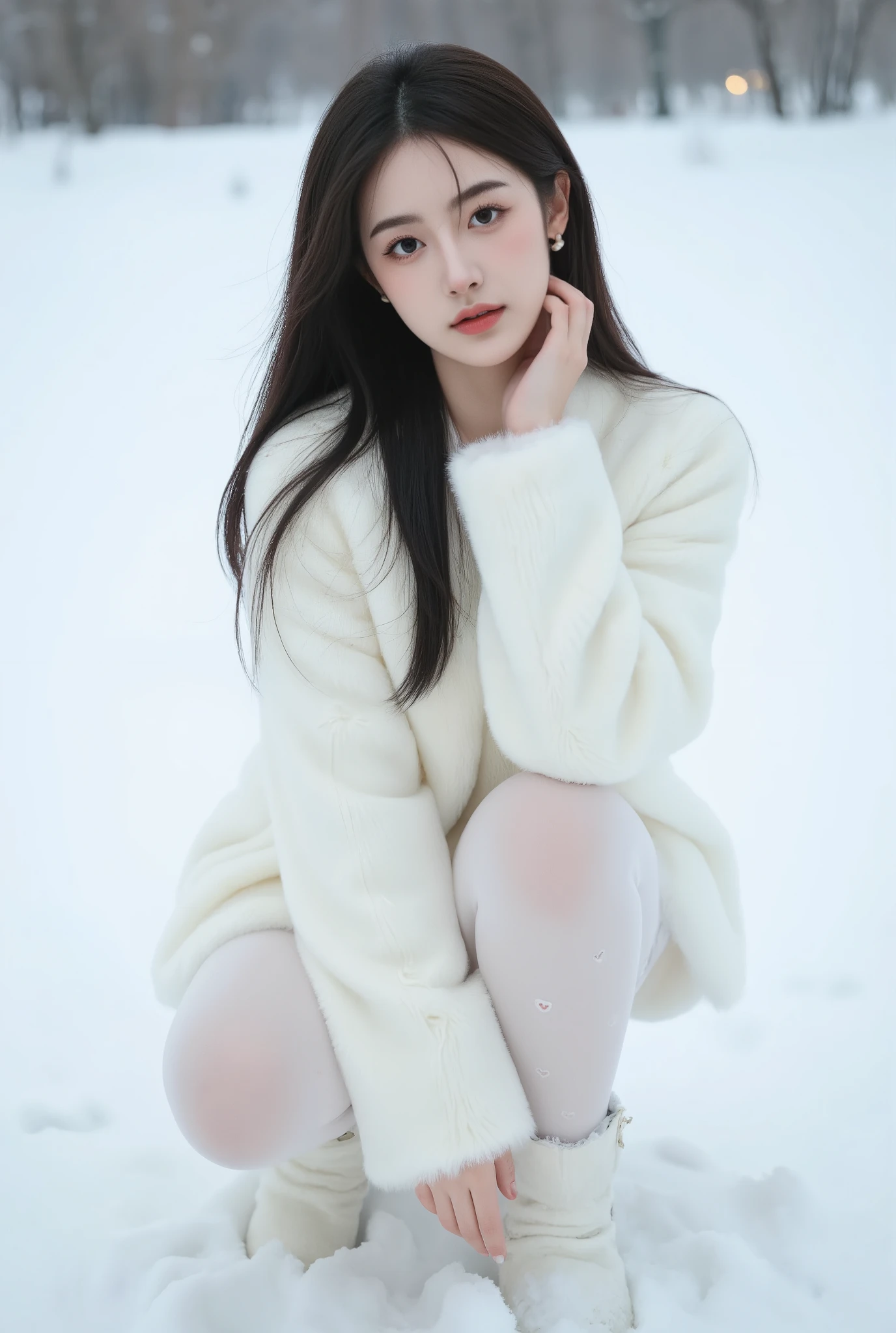 /imagine prompt: A young woman with long black hair, fair skin, and delicate features crouching in a snowy landscape. She wears a luxurious white faux fur coat with pearl button details, matching fur-trimmed boots, and sheer white tights with small heart patterns. Her expression is soft and elegant, with one hand gently resting on her cheek. The background is a serene winter setting with fresh snow and subtle traces of trees in the distance. The lighting is soft and diffused, creating a dreamy and ethereal atmosphere. Ultra-realistic photography, cinematic depth, soft bokeh, high detail, Vogue editorial style, 85mm lens, f/1.8, natural lighting --ar 3:4 --v 6.0