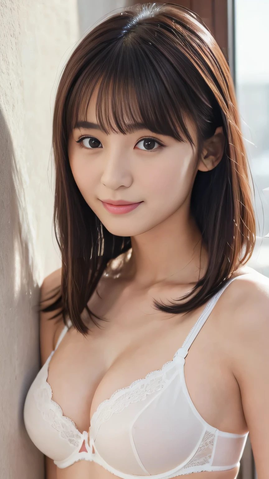 (masterpiece:1.3), (8K, Photoreal, Raw photo, best image quality: 1.4), japanese girl、、(random hairstyle:1.2)、(cleavage:1.2)、super detail face、eye for details、double eyelid、chest to chest、sharp focus:1.2、(cute woman:1.4)、light brown hair、bangs、highest quality、Super high resolution、(Photoreal:1.4)、Highly detailed and professionally lit smiles、(sexy bra:1.4)、thin、smile、long hair、upper body portrait