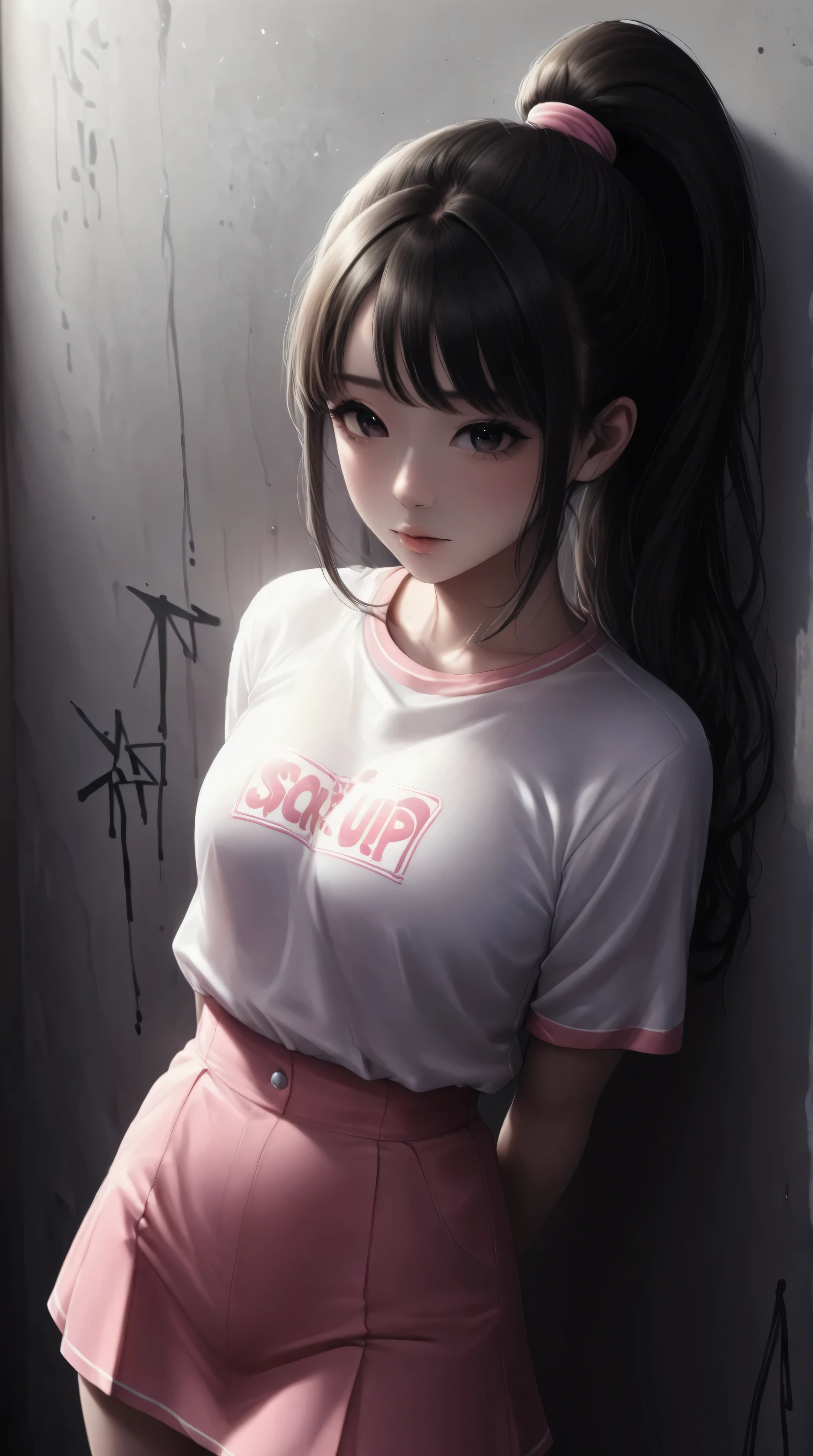 beautiful kpop idol girl, arms behind back, wearing a pink hip-hop outfit covered elegantly, her curly long black hair beauty in ponytail, against the backdrop of a graffiti wall during the day