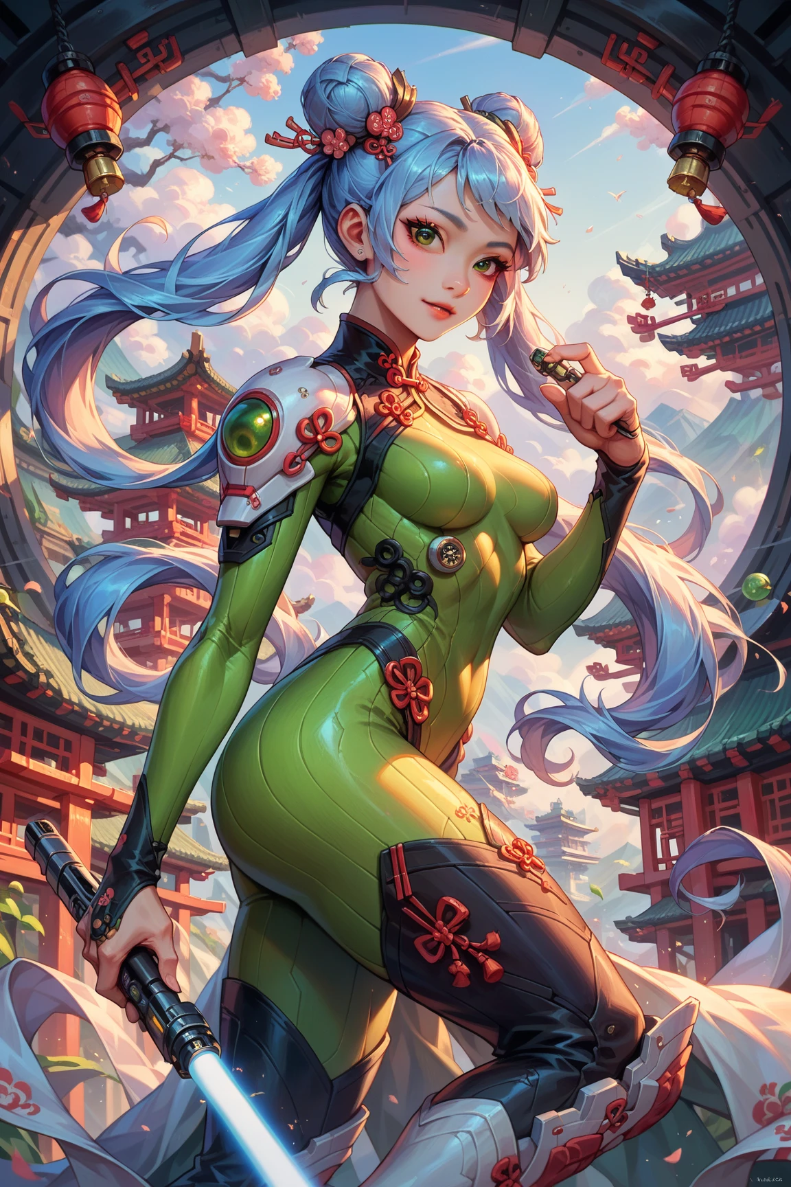 welcoming, 1girl, merchant, glowing rainbow hair, side braid, (full body:1.3), [:sexy costume design:0.2], chinese, by some Brazillian mossy rocks, in  China, bombshell hair, neon green hair, braid, crossed legs<lora:EnvyBeautyMixXL01_prodigy_hyperdrive_0.3-000020:1>