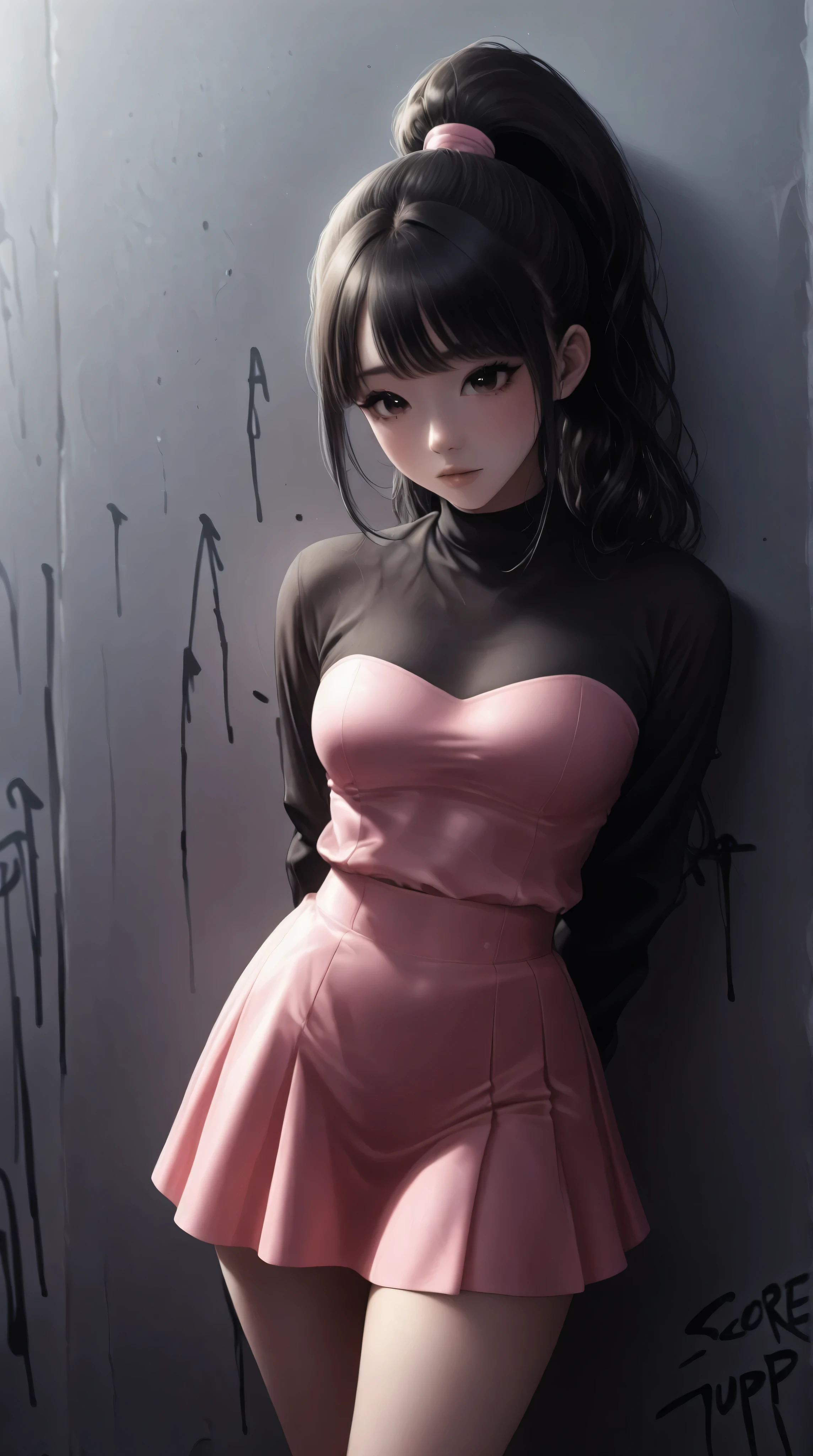 beautiful kpop idol girl, arms behind back, wearing a pink hip-hop outfit covered elegantly, her curly long black hair beauty in ponytail, against the backdrop of a graffiti wall during the day