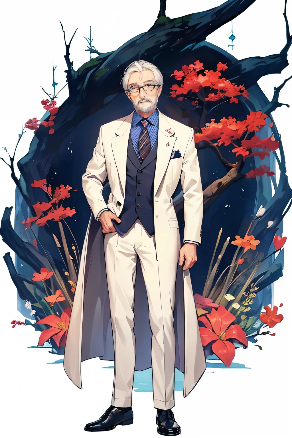 ((One person)), ( 76 year old male wearing a suit)、 Americans, (A ), ( Japanese illustration style ), anatomically correct、(Standing painting style ), ( simple white background ), Height 176 cm 、( formal attire ),  I'm wearing glasses、(( skinny))、(Hunchback)、 Ultra High Resolution、 Masterpiece、 top quality、 wearing something like a white coat、Poor posture、 rugged face、 holding a book with one hand、(elder).