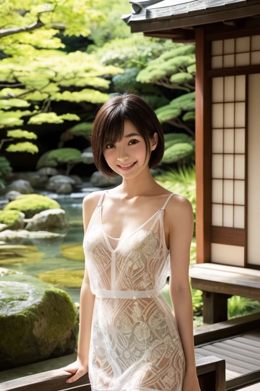 ((top-quality、8K分辨率、Master masterpiece、Portrait:1.3)), Photorealsitic, tissue, 35㎜ film, 1 Japan Woman_Middle-aged woman_49 years old, (Hair pulled back) , (tiarra_Wedding Veils)、Pearl Necklace、Wrinkles at the corners of the eyes,  blush、Seductive smile、naughty expression、(((See-through bride costume_Expose naughty dresses))、((Open your clothes_Open chest)),((see -through)),(white_Garter belt stockings_See-through micro mini panties), (standing nipple:1.5) ,((Underwear))、Flower garden in full bloom、The fountain、plein air、during the day、((toppless_areolae slip))