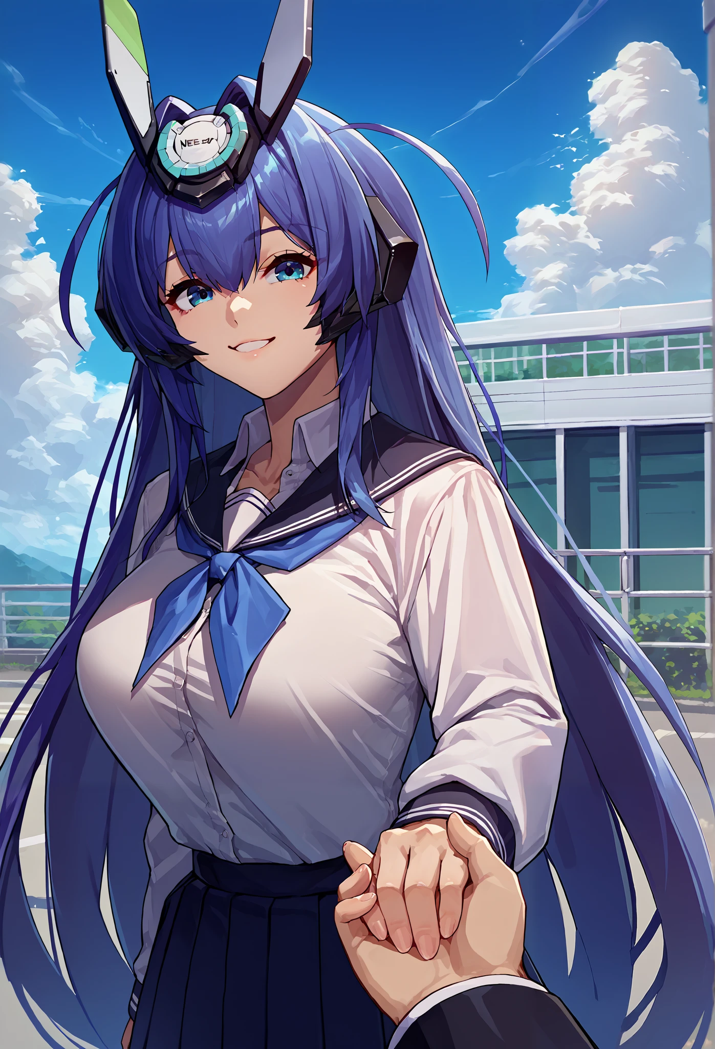 score_9, score_8_up, score_7_up, source_anime, solo, 1girl, newjerseydef,soft smile, standing, headgear, Japanese school uniform, , large breasts, blue sky, cloud, outdoors, POV, holding hand, black man