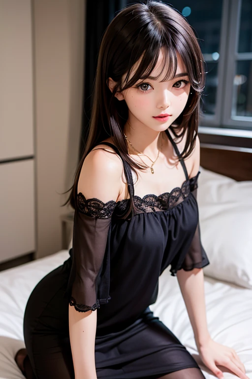 (8k, RAW photo, best quality, masterpiece:1.2), (realistic, photo-realistic:1.4), (extremely detailed 8k wallpaper), Japanese 20 age woman,(random hairstyles, Huge breasts :1.2), Casual outfit :1.2, Indoor, Ultra-detailed face, Detailed eyes, Double eyelid, Full body shot, black shoes, black shirt, black gloves,lying on bed