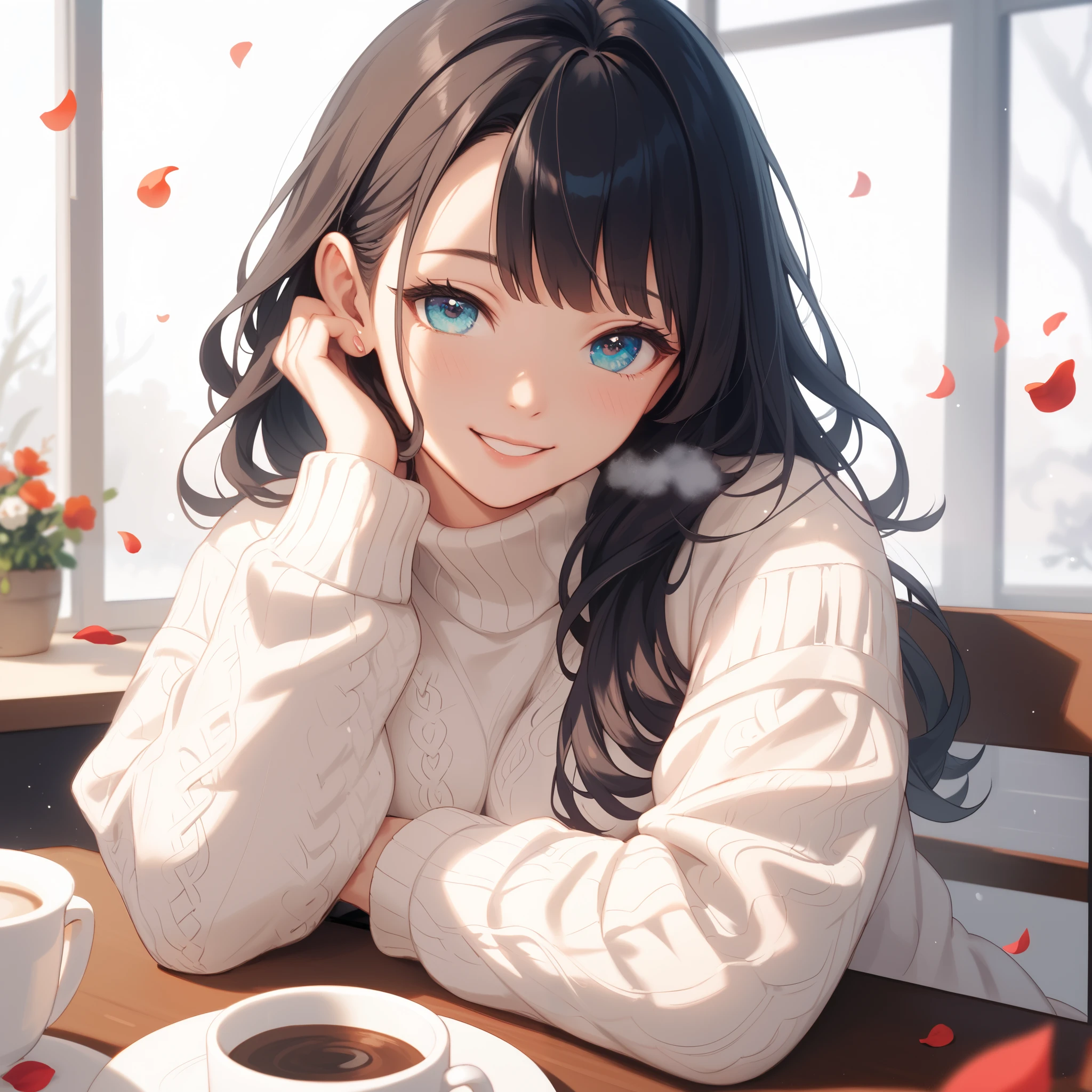 Create an image featuring a girl with long, silky hair that is soft pink with a red tint, fluttering gracefully in the wind. She is posing in a cozy cafe, wearing a cute wool sweater, exuding a romantic atmosphere and bright emotions. The scene is set against a minimalist black and white backdrop, with a white background and dark illumination that highlights the rough bioluminescence effect. The composition includes sakura petals gently falling and snowflakes adding a touch of whimsy. The girl's warm smile is captured in a hyperrealistic casual sketch style, with the image appearing as if it is on black glass. The scene is artistically dissected horizontally into fragments, enhancing the visual intrigue. A steaming cup of coffee sits on the table, completing the serene and intimate setting.