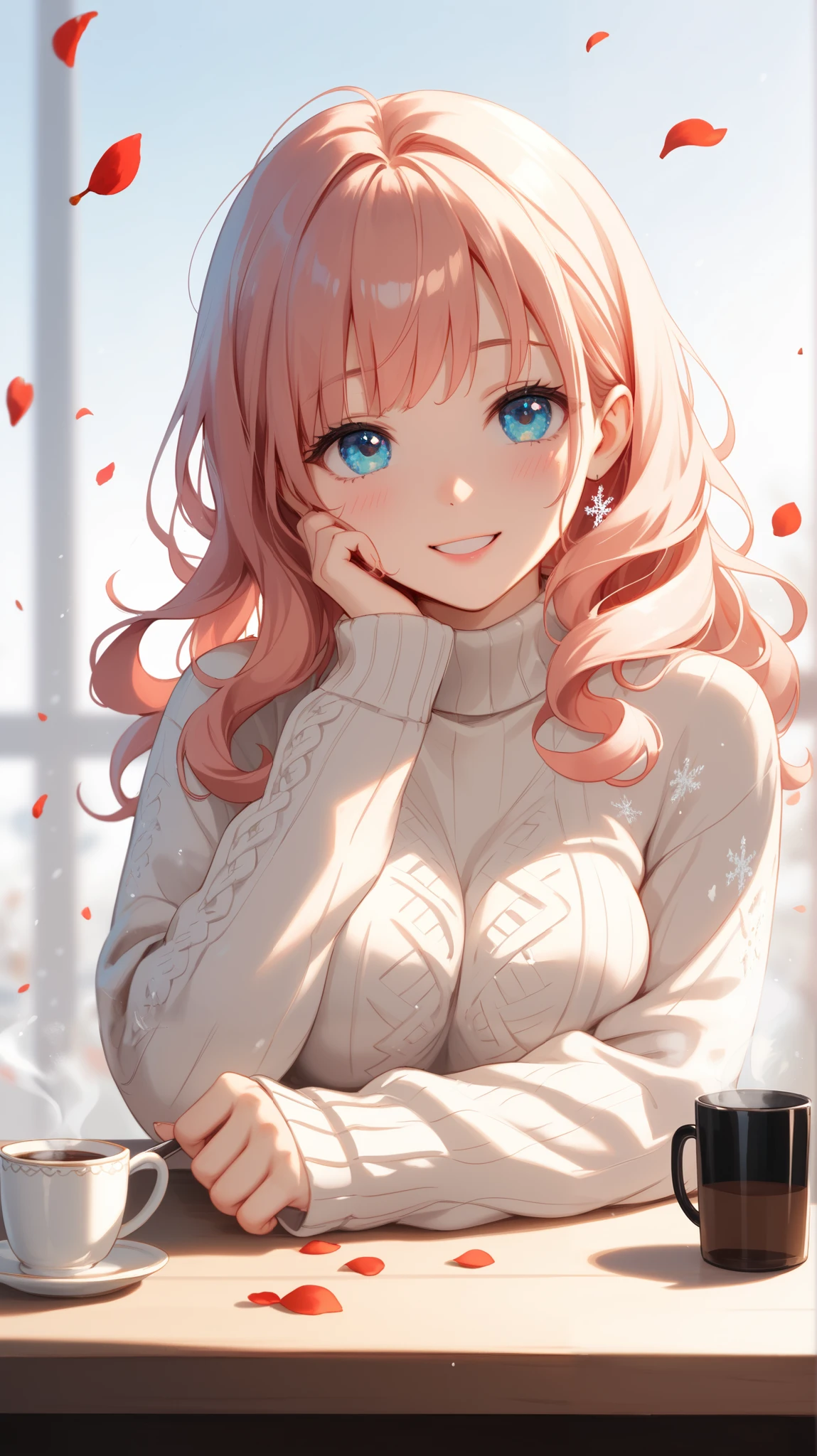 Create an image featuring a girl with long, silky hair that is soft pink with a red tint, fluttering gracefully in the wind. She is posing in a cozy cafe, wearing a cute wool sweater, exuding a romantic atmosphere and bright emotions. The scene is set against a minimalist black and white backdrop, with a white background and dark illumination that highlights the rough bioluminescence effect. The composition includes sakura petals gently falling and snowflakes adding a touch of whimsy. The girl's warm smile is captured in a hyperrealistic casual sketch style, with the image appearing as if it is on black glass. The scene is artistically dissected horizontally into fragments, enhancing the visual intrigue. A steaming cup of coffee sits on the table, completing the serene and intimate setting.