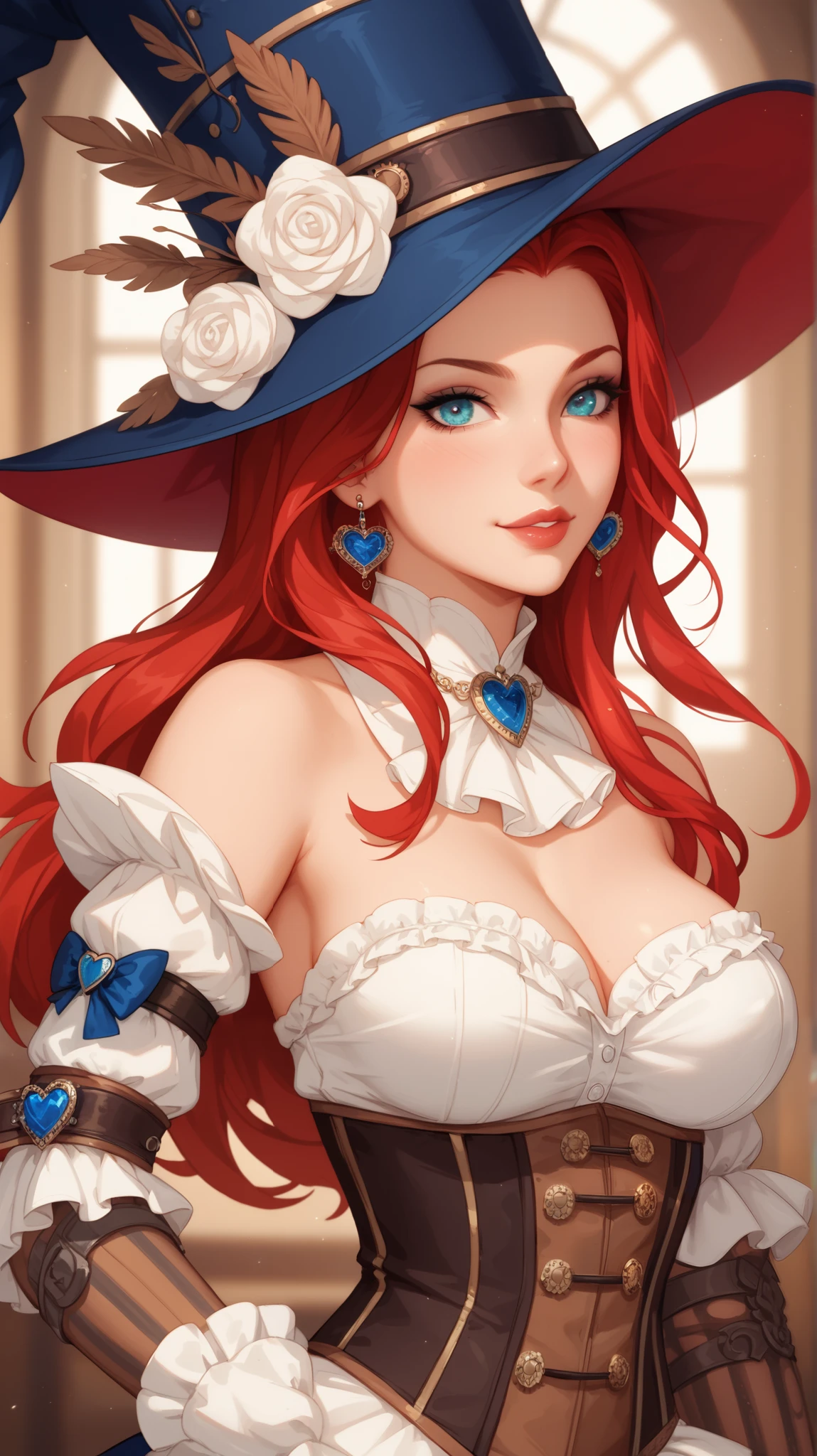 (masterpiece, best quality,Up to 8K resolution), intricate details, miss out on luck \(League of Legends\),beautiful face,red long hair,blue eyes,seductive woman, Pirate hat, Strap slip, bare shoulders, separated sleeves, wide sleeves, navel