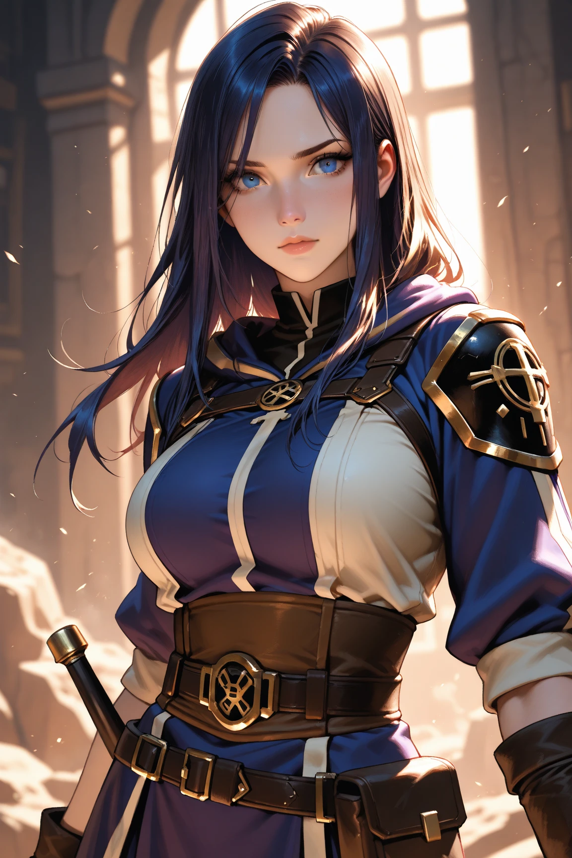 A female protagonist of a trails of a expeditions rome game (small breasts, dark blue hair), masterpiece, best quality, (extremely detailed unity 8k CG wallpaper), (best quality), (best illustration), (best shadow), absurdities, realistic lighting, (Abyss), beautiful detailed brightness,